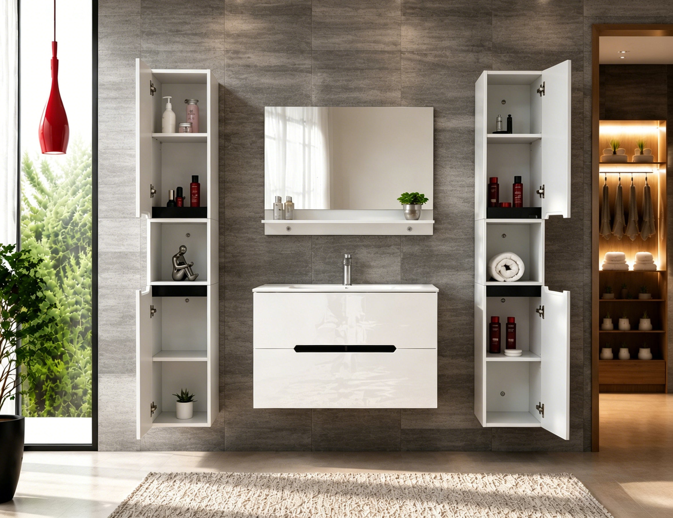 Faizee Home Badmöbelset Aliyah 90 cm Schwarz Weiß inkl. Waschbecken, Spiegel & Regal