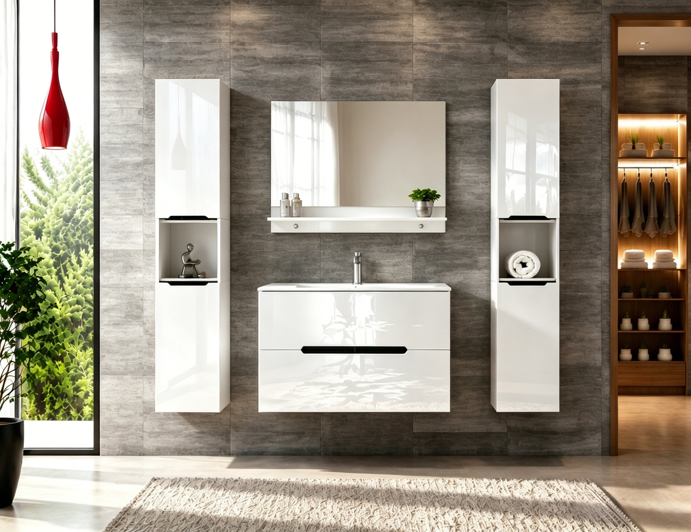 Faizee Home Badmöbelset Aliyah 90 cm Schwarz Weiß inkl. Waschbecken, Spiegel & Regal