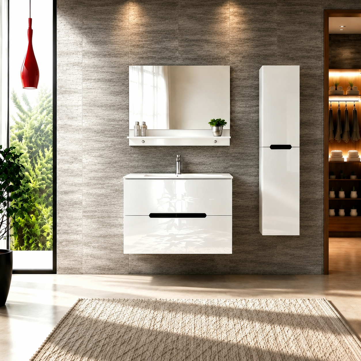 Faizee Home Badmöbelset Aliyah 90 cm Schwarz Weiß inkl. Waschbecken, Spiegel & Regal