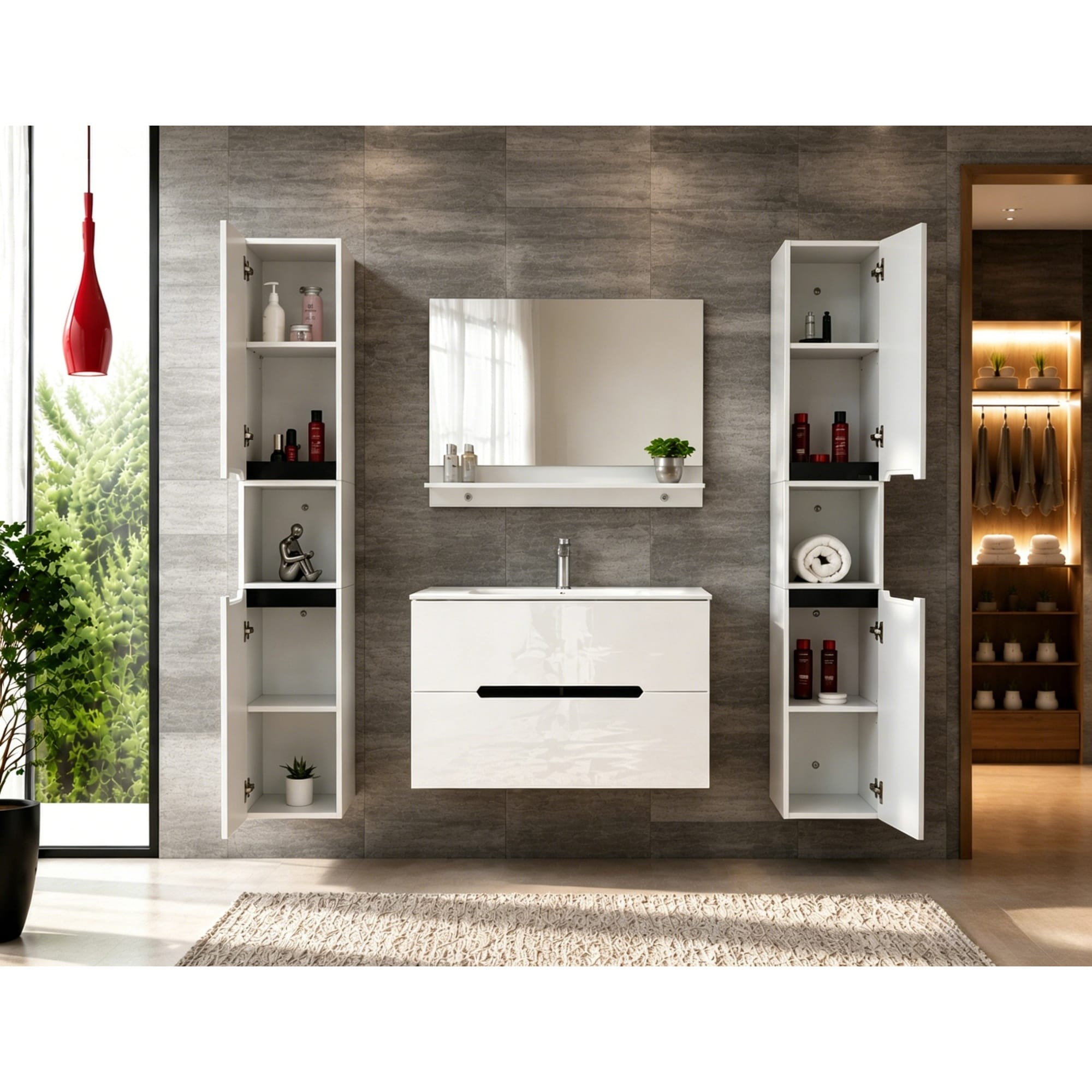 Faizee Home Badmöbelset Aliyah 90 cm Schwarz Weiß inkl. Waschbecken, Spiegel & Regal