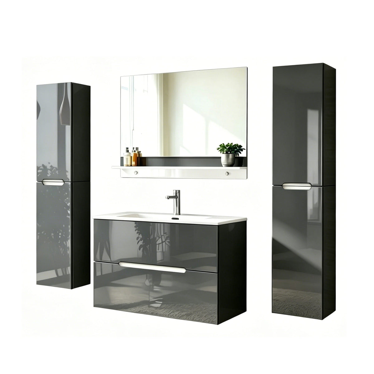 Faizee Home Badmöbelset Aliyah 90 cm Hochglanz Grau Weiß inkl. Waschbecken, Spiegel & Regal