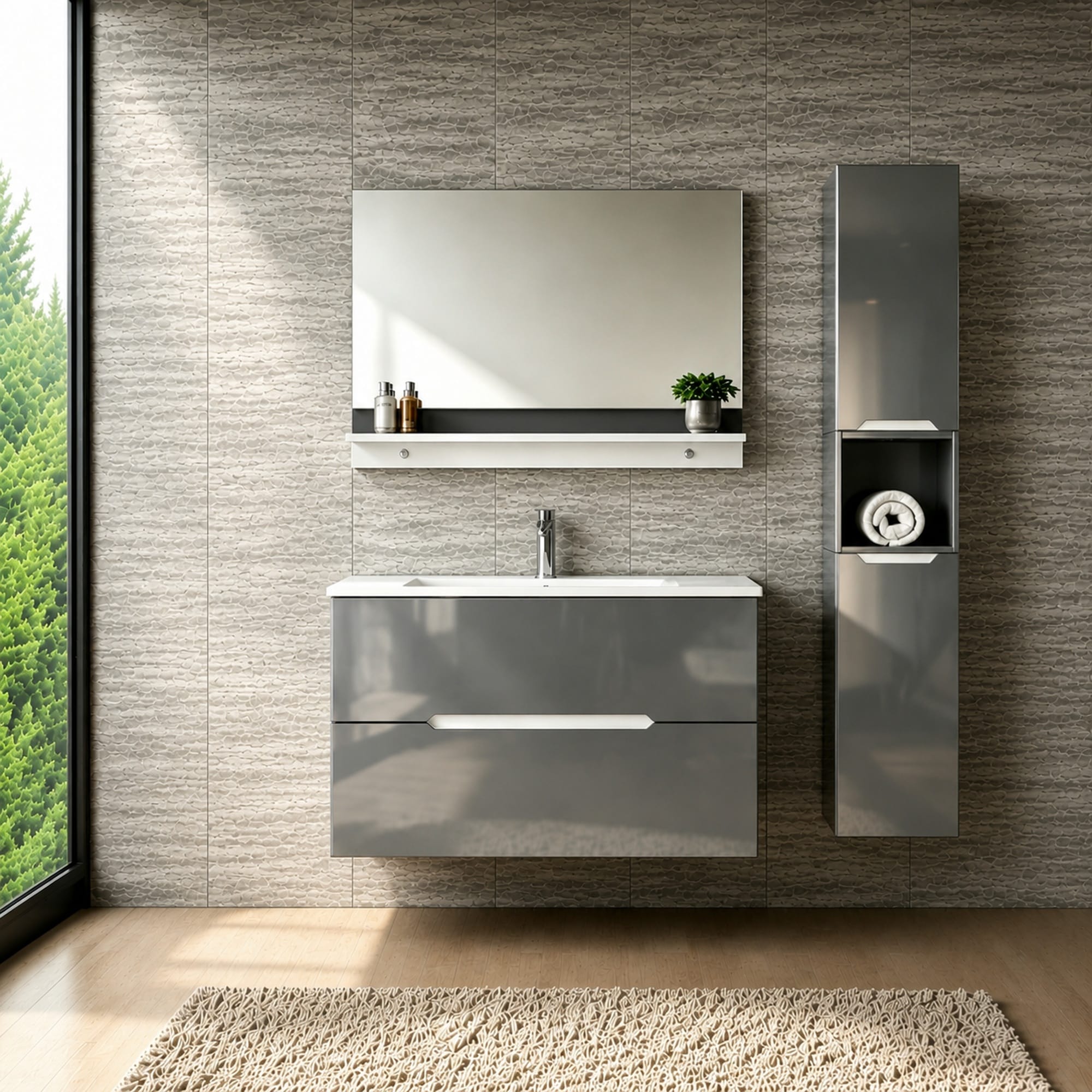 Faizee Home Badmöbelset Aliyah 90 cm Hochglanz Grau Weiß inkl. Waschbecken, Spiegel & Regal