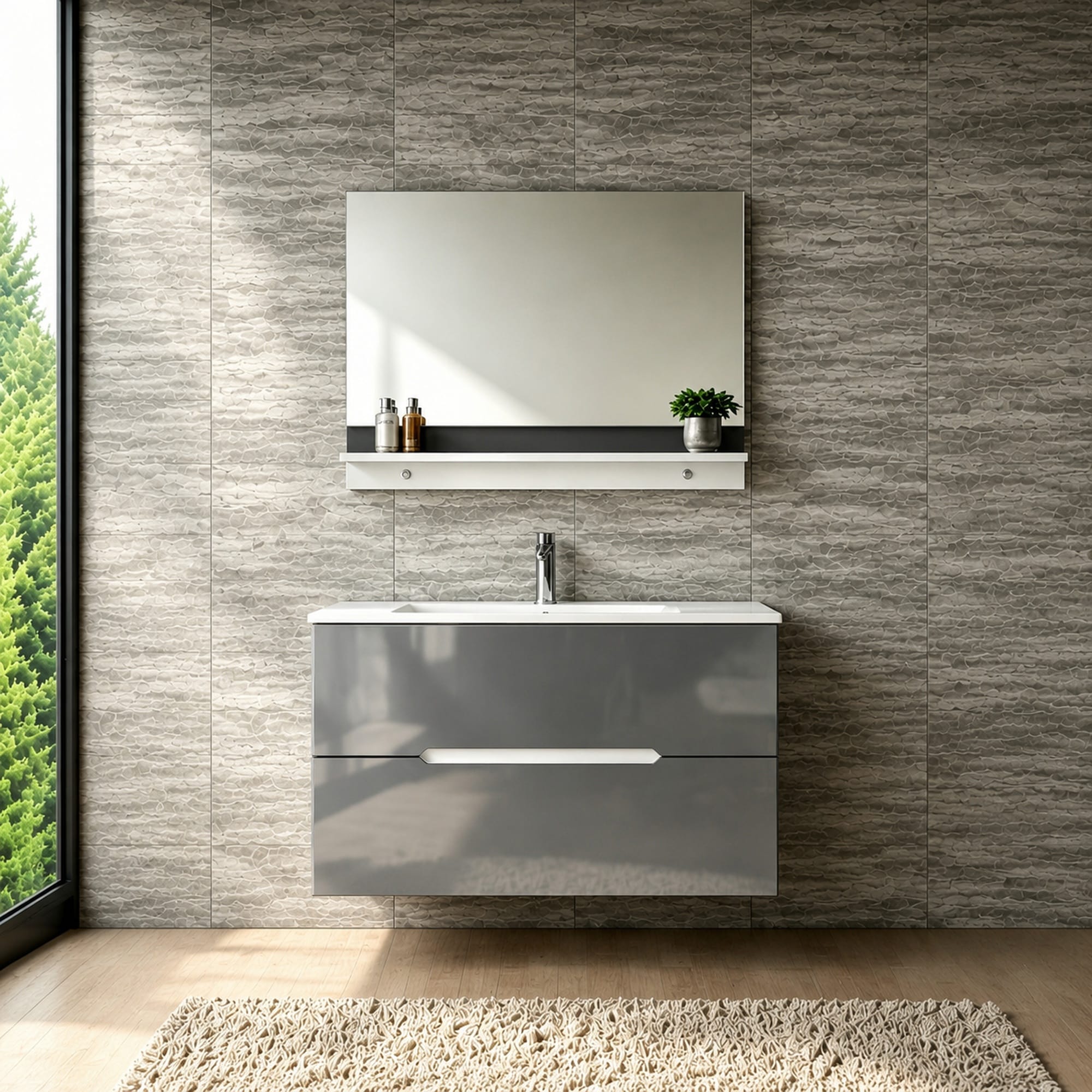 Faizee Home Badmöbelset Aliyah 90 cm Hochglanz Grau Weiß inkl. Waschbecken, Spiegel & Regal