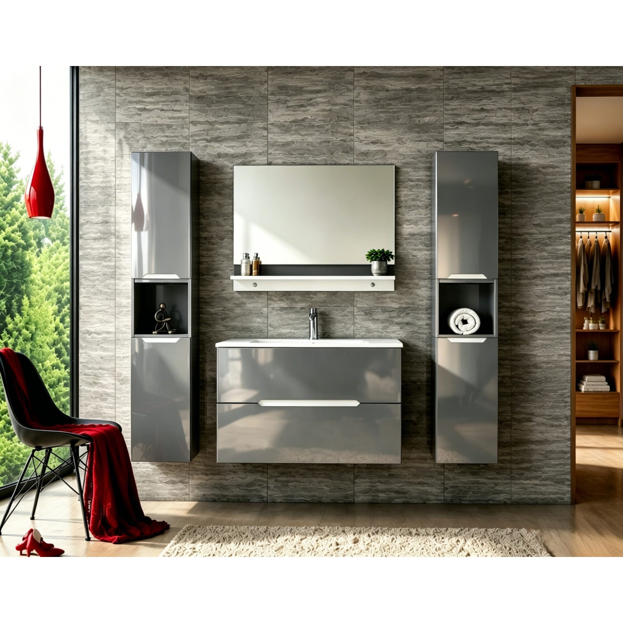 Faizee Home Badmöbelset Aliyah 90 cm Hochglanz Grau Weiß inkl. Waschbecken, Spiegel & Regal