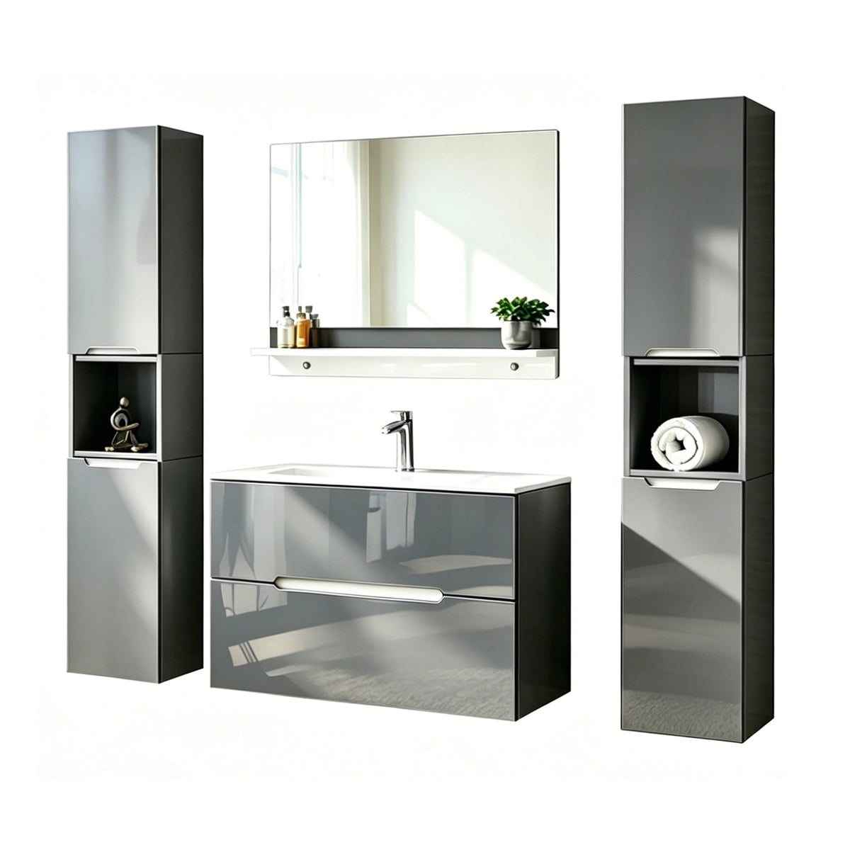 Faizee Home Badmöbelset Aliyah 90 cm Hochglanz Grau Weiß inkl. Waschbecken, Spiegel & Regal