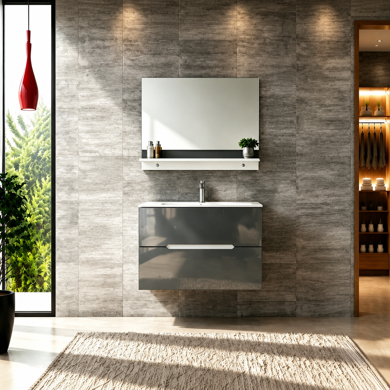 Faizee Home Badmöbelset Aliyah 90 cm Hochglanz Grau Weiß inkl. Waschbecken, Spiegel & Regal