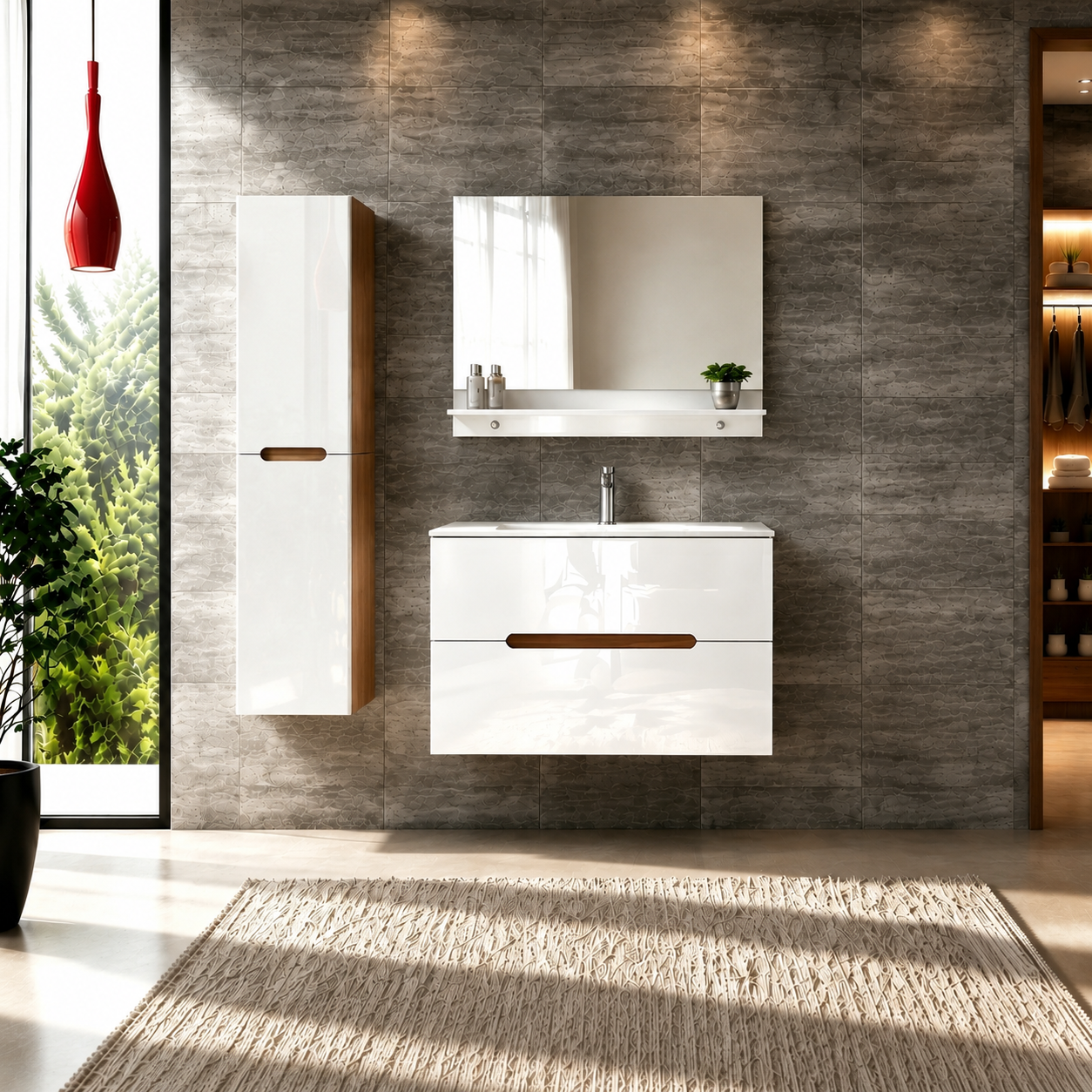 Faizee Home Badmöbelset Aliyah 90 cm Hochglanz Weiß Sonoma inkl. Waschbecken, Spiegel & Regal