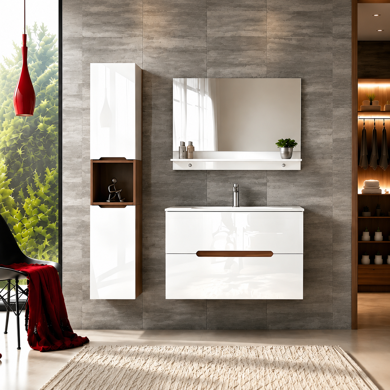 Faizee Home Badmöbelset Aliyah 90 cm Hochglanz Weiß Sonoma inkl. Waschbecken, Spiegel & Regal