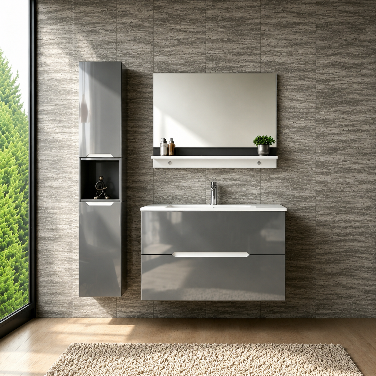 Faizee Home Badmöbelset Aliyah 90 cm Hochglanz Grau Weiß inkl. Waschbecken, Spiegel & Regal