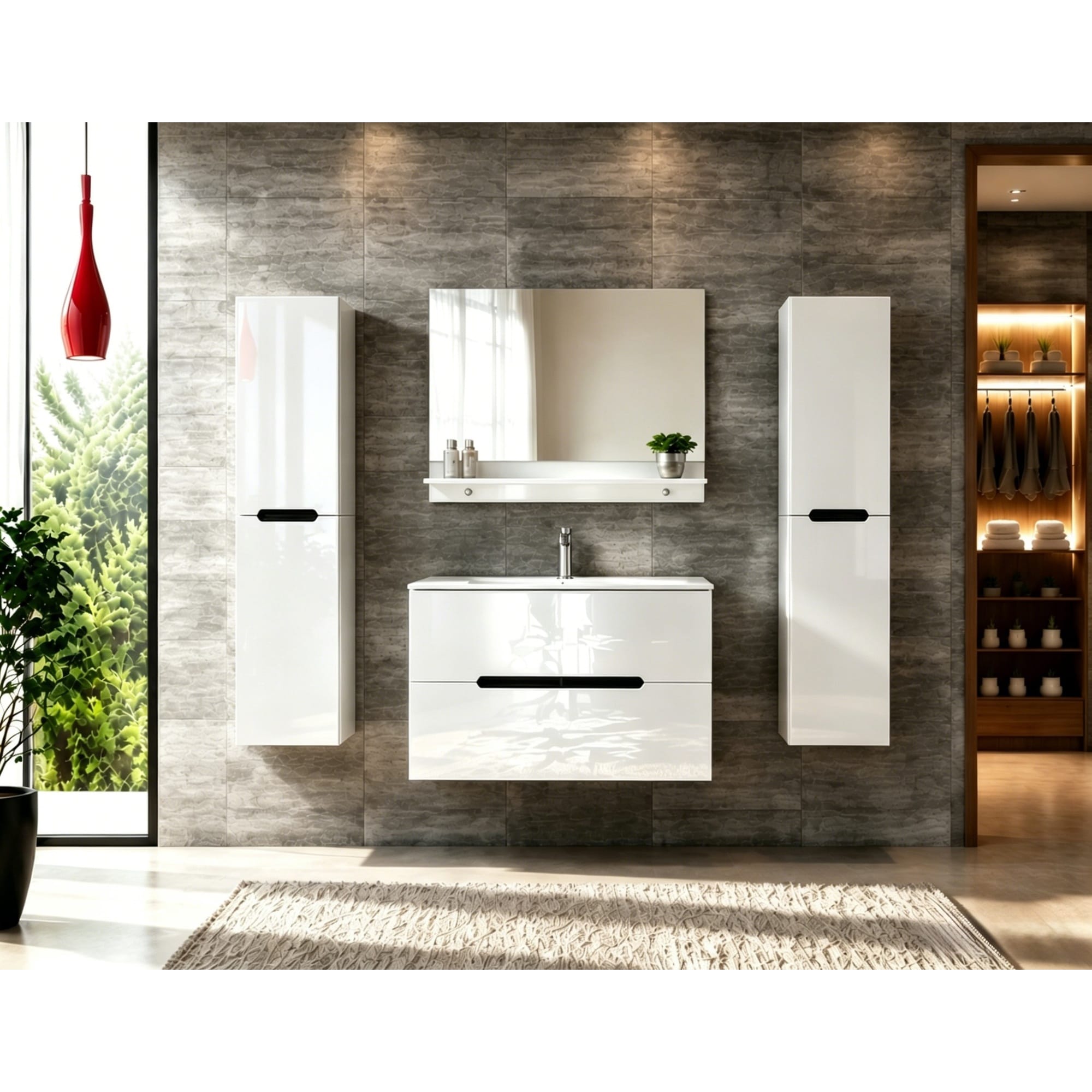 Faizee Home Badmöbelset Aliyah 90 cm Schwarz Weiß inkl. Waschbecken, Spiegel & Regal