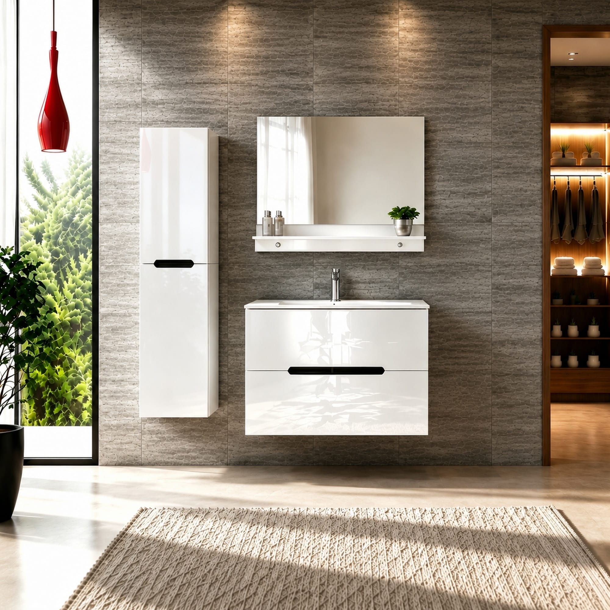 Faizee Home Badmöbelset Aliyah 90 cm Schwarz Weiß inkl. Waschbecken, Spiegel & Regal