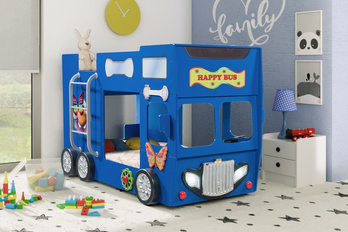Happy Bus Kinderbett 90x190 cm – Kinderbett aus MDF in Blau, Grün, Rot oder Gelb