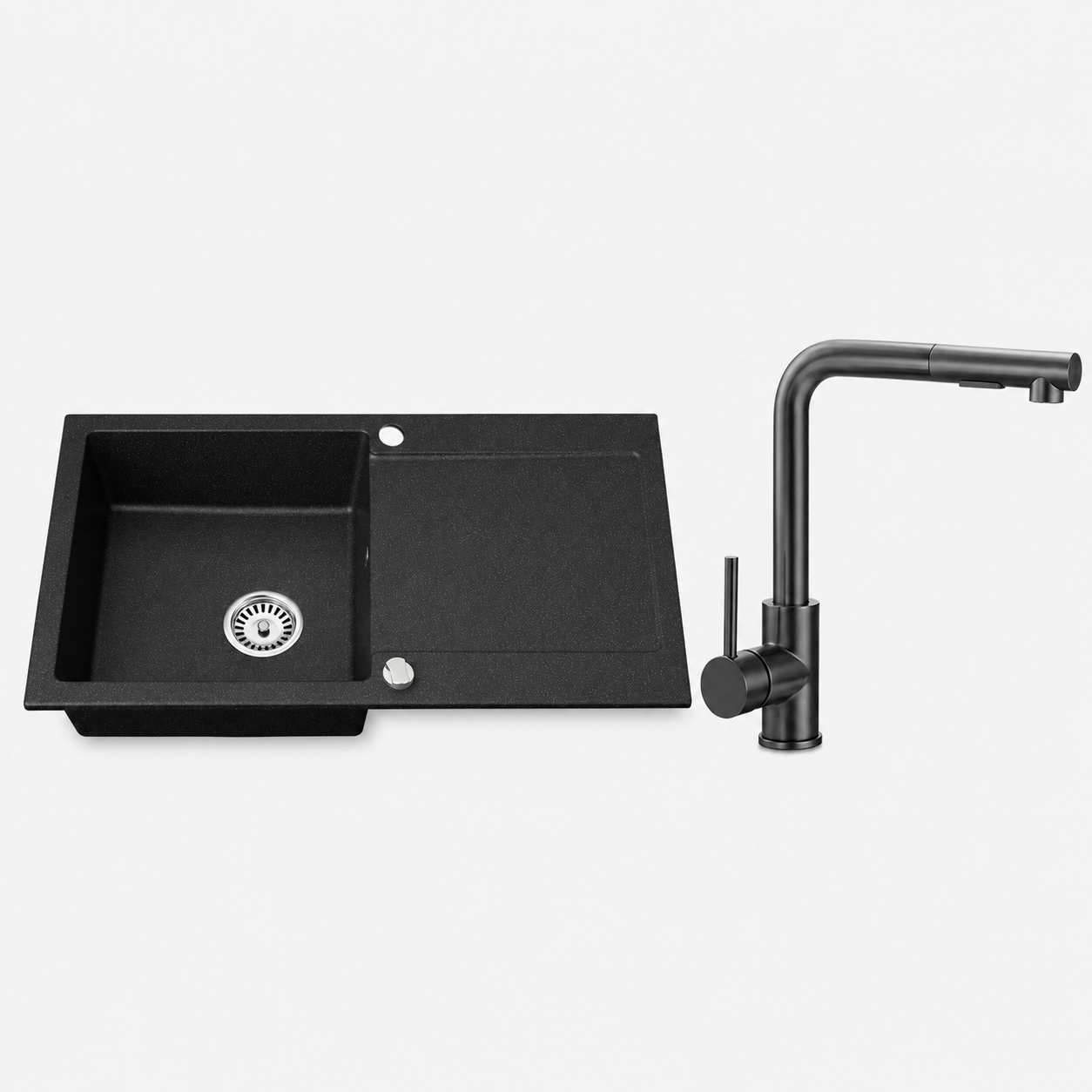 Granitspüle Element mit Abtropffläche – Einbauspüle beidseitig montierbar, inkl. Siphon Mit Armatur