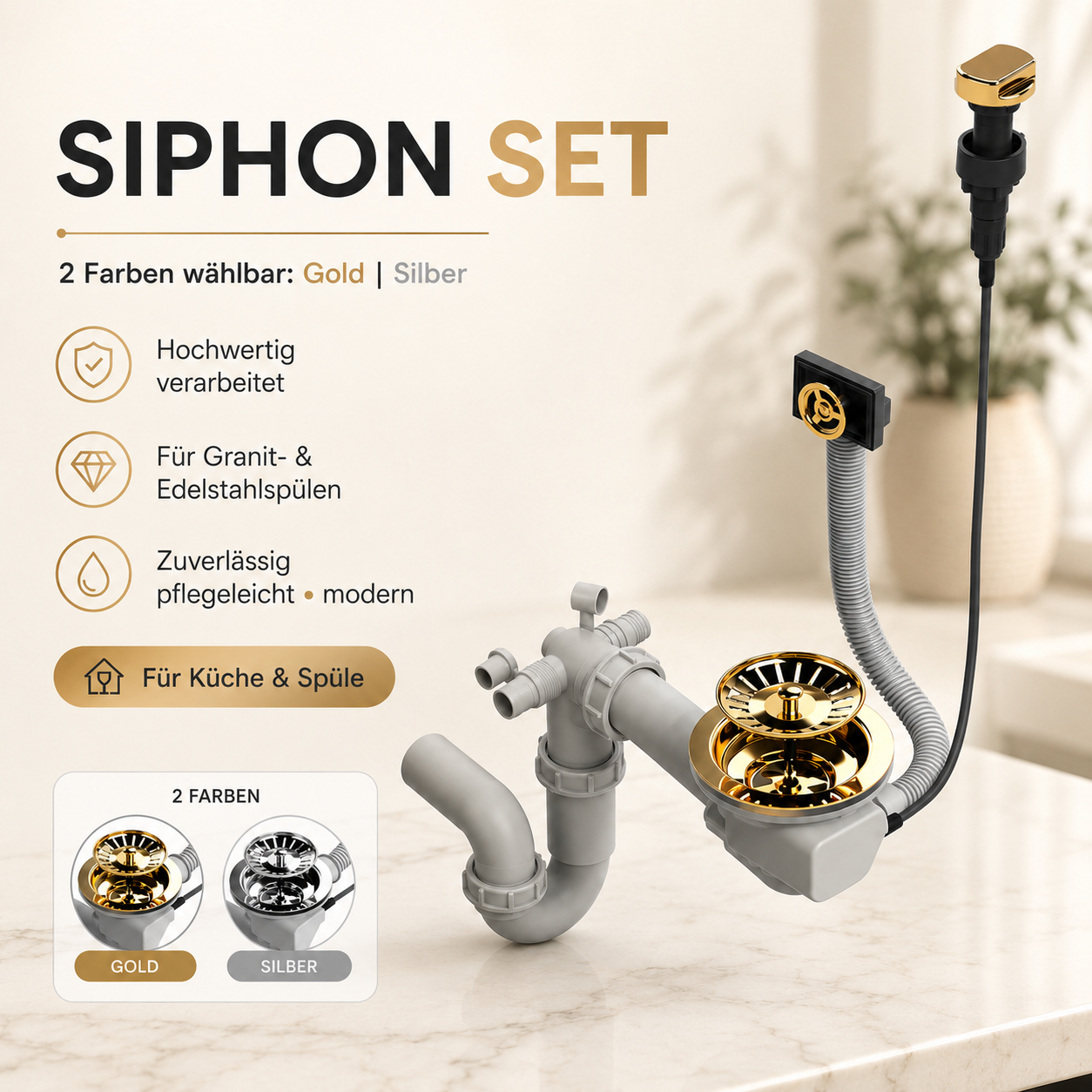 Faizee Home Siphon aus Edelstahl mit Überlauf – Küchenspülen-Siphon für Granit- & Edelstahlspülen | Silber oder Gold