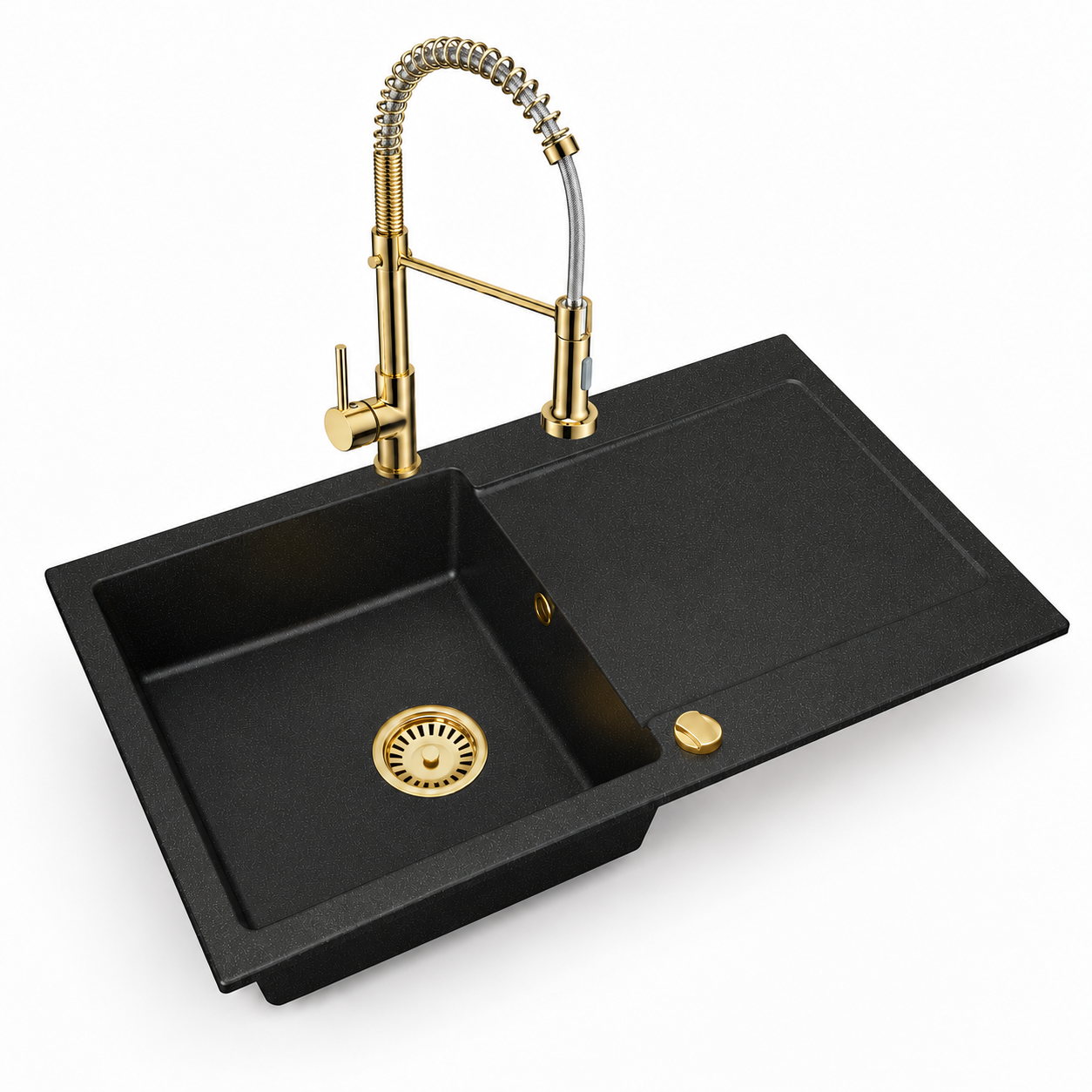 Faizee Home Granitspüle Element 90x50 cm Komplettset mit Gold Armatur & Siphon – wählbar Genial oder Spiral