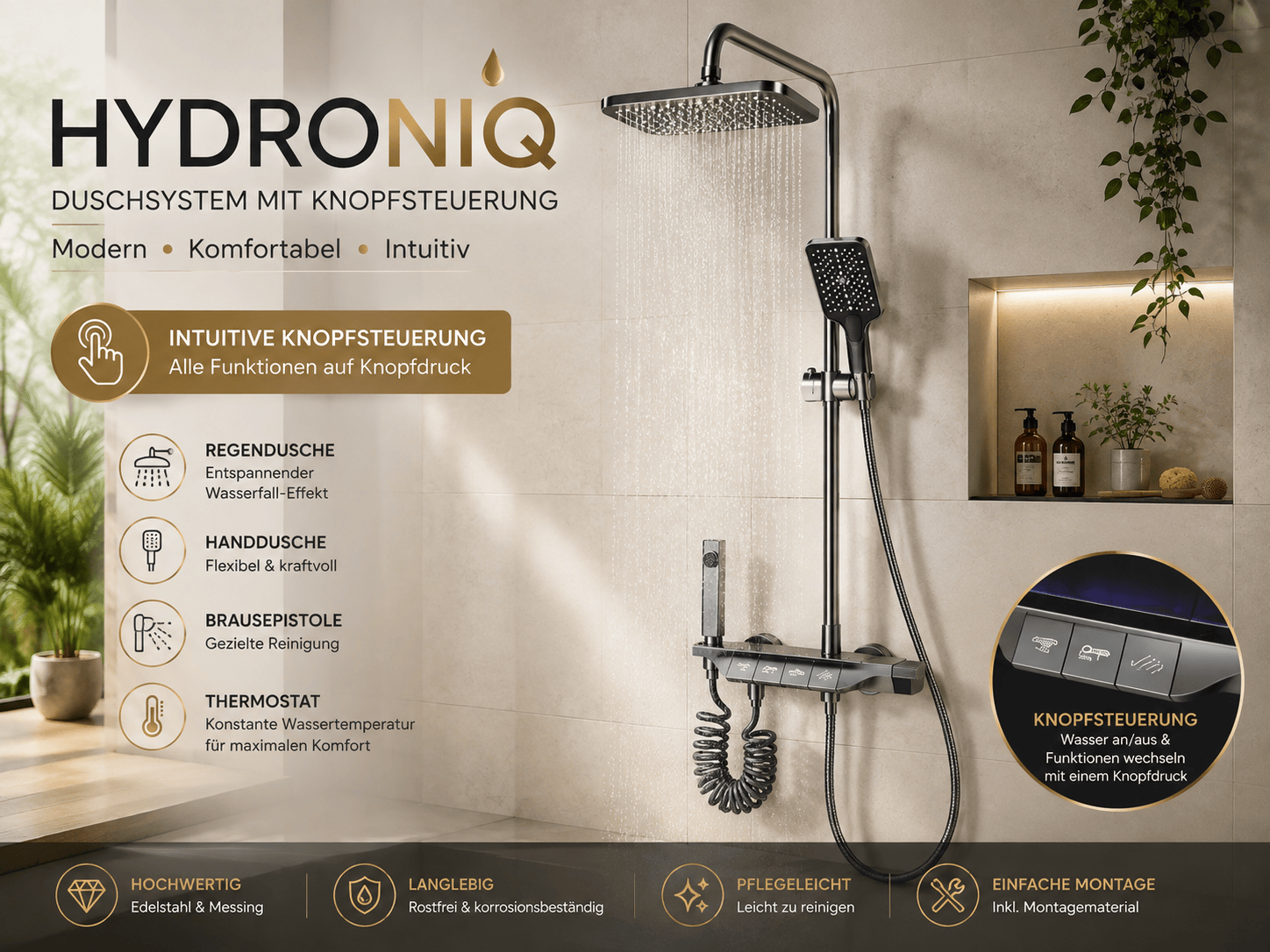 Faizee Home Hydroniq Duschsystem mit Thermostat – Regendusche, Handbrause & höhenverstellbare Duschstange