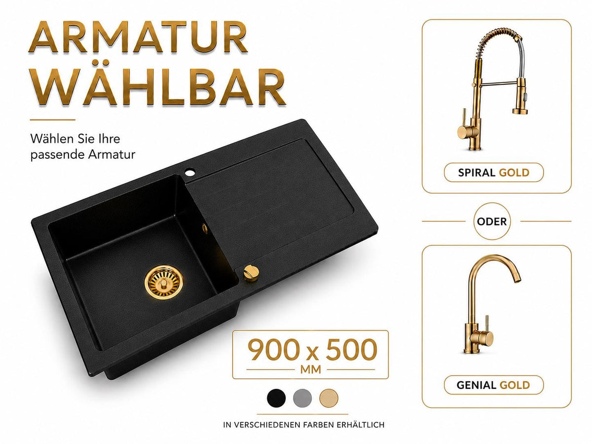 Faizee Home Granitspüle Element 90x50 cm Komplettset mit Gold Armatur & Siphon – wählbar Genial oder Spiral