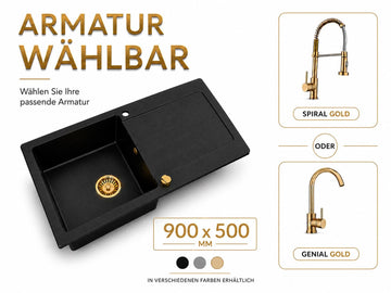 Faizee Home Granitspüle Element 90x50 cm Komplettset mit Gold Armatur & Siphon – wählbar Genial oder Spiral