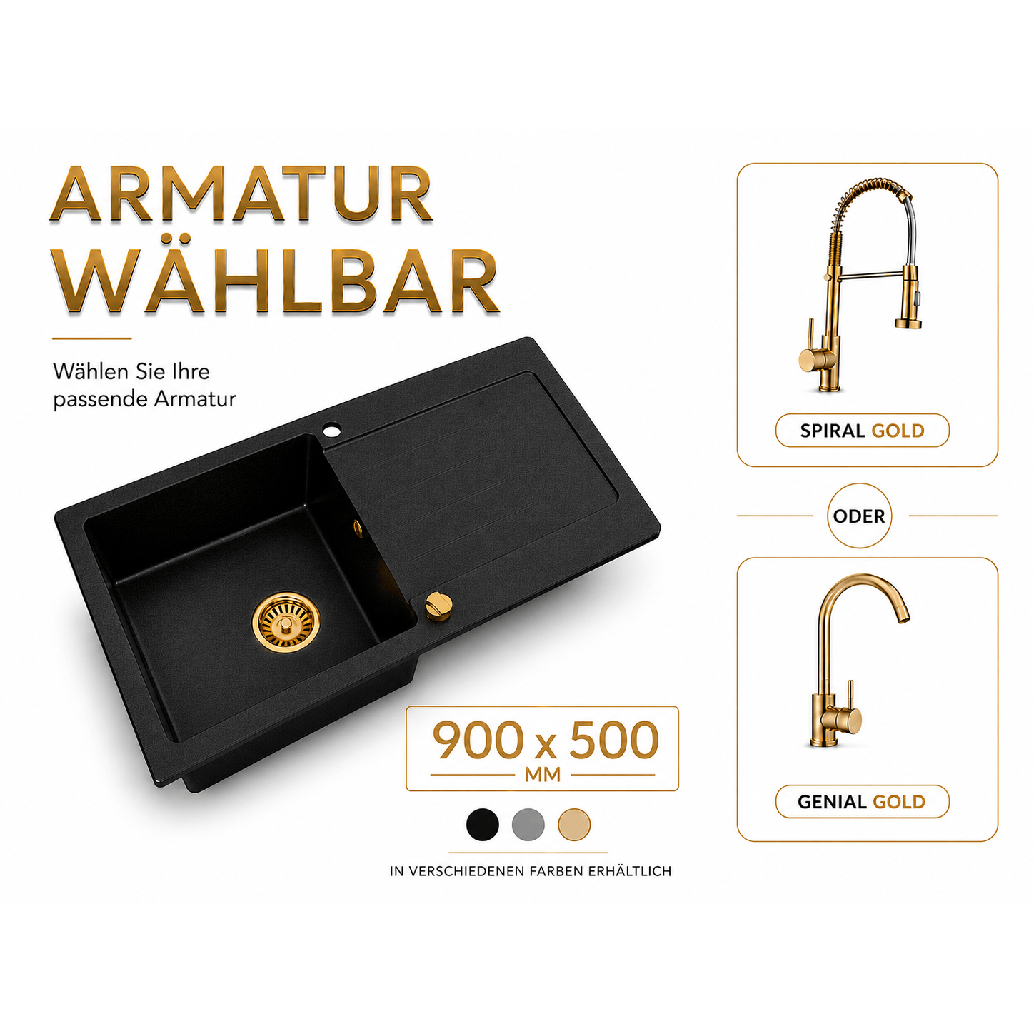Faizee Home Granitspüle Element 90x50 cm Komplettset mit Gold Armatur & Siphon – wählbar Genial oder Spiral