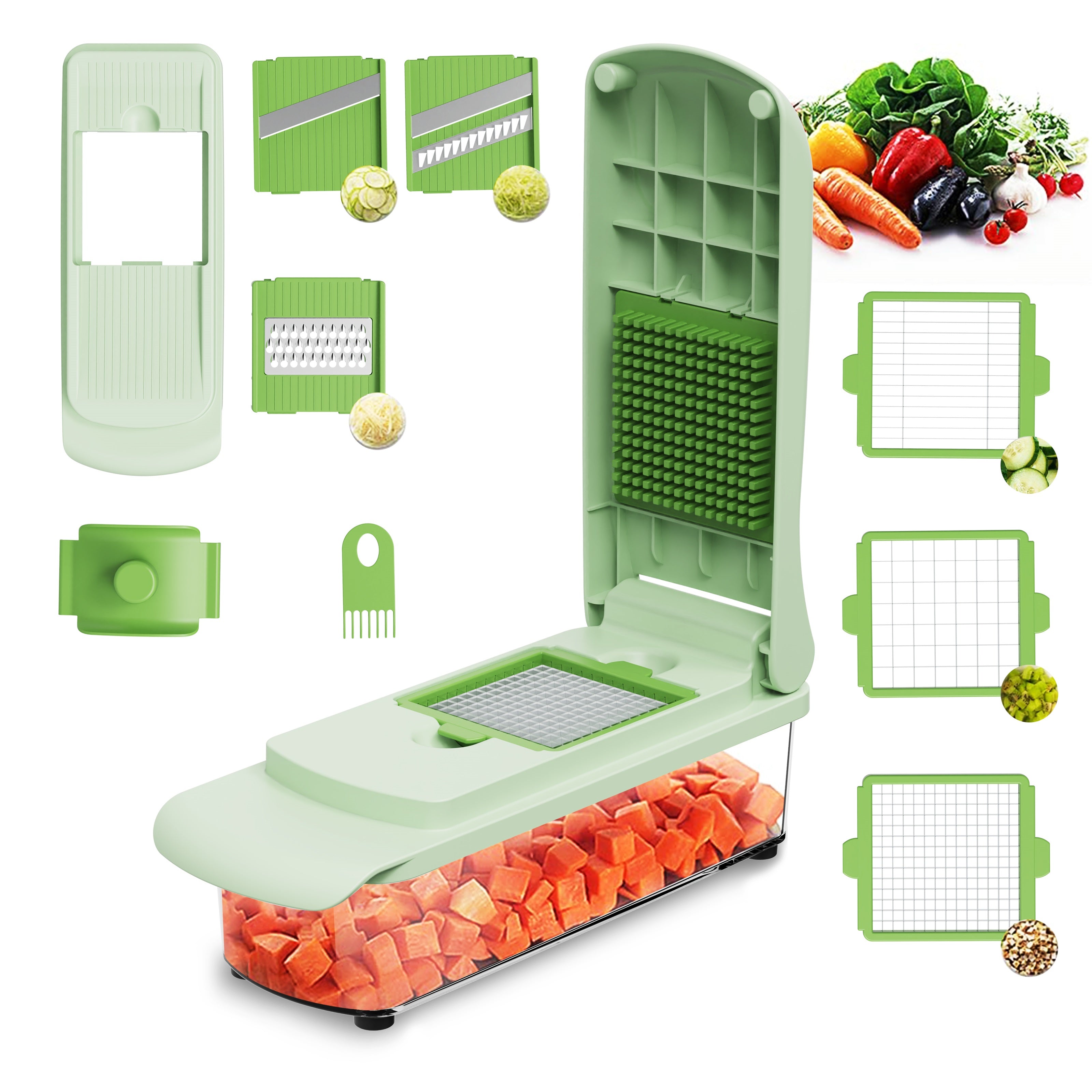 Faizee Home Green Edge Gemüseschneider – Manuell mit Druckmechanismus – Schneiden, Zerkleinern