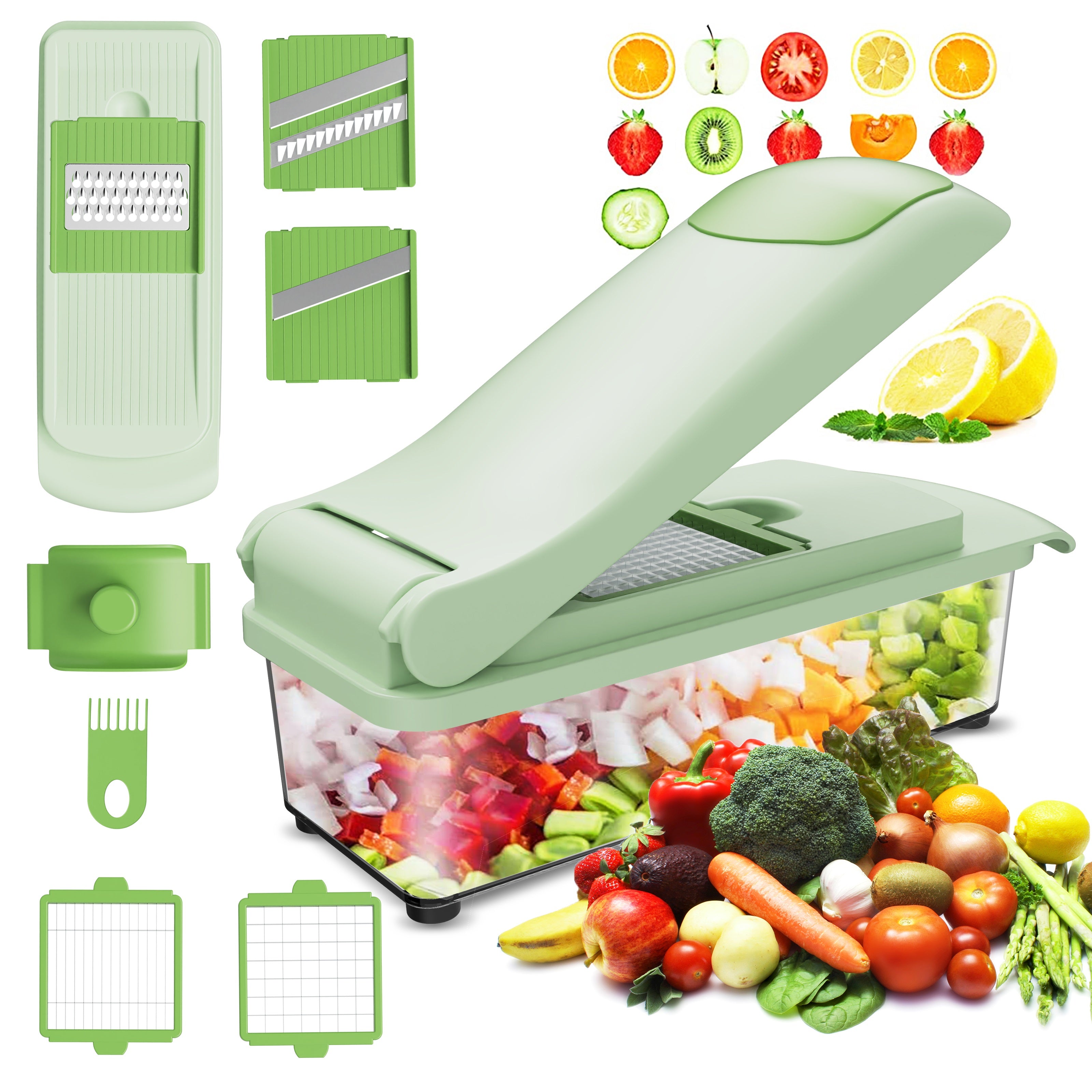 Faizee Home Green Edge Gemüseschneider – Manuell mit Druckmechanismus – Schneiden, Zerkleinern