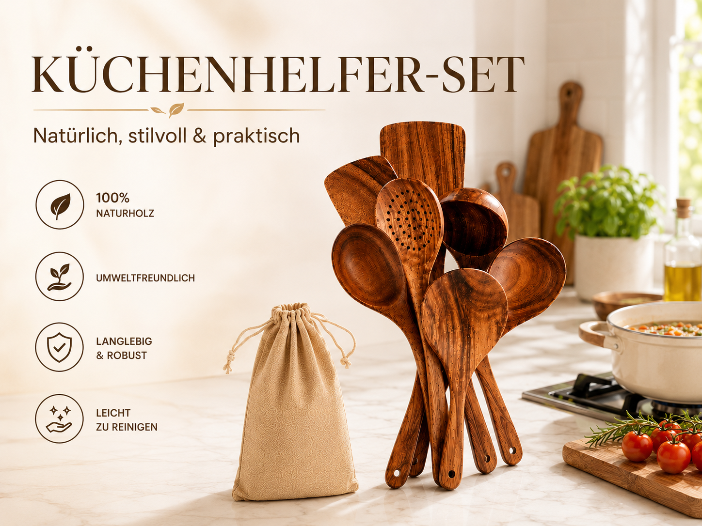 Faizee Home Holz-Kochutensilien-Set 6-teilig – Massivholz Küchenhelfer für Pfannen & Töpfe