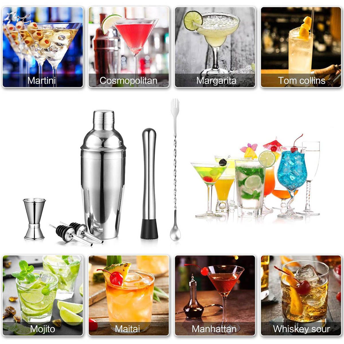 Faizee Home Cocktail-Set Edelstahl 7-tlg. oder 11-tlg. mit Shaker & Barzubehör