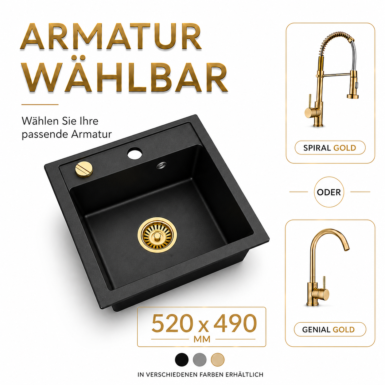 Faizee Home Granitspüle Milano 52 × 49 cm – inkl. goldenem Siphon & wählbarer Armatur Genial Gold oder Spiral Gold