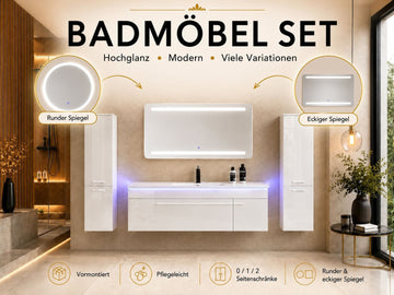 Faizee Home Badmöbelset 120 cm Hochglanz inkl. Keramik-Waschbecken, LED-Spiegel & 2 Seitenschränken