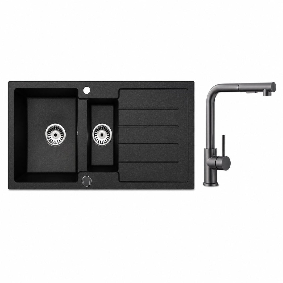 Faizee Home Granitspüle 100 × 50 cm mit 1,5 Becken – inkl. wählbarer Armatur & Siphon-Set