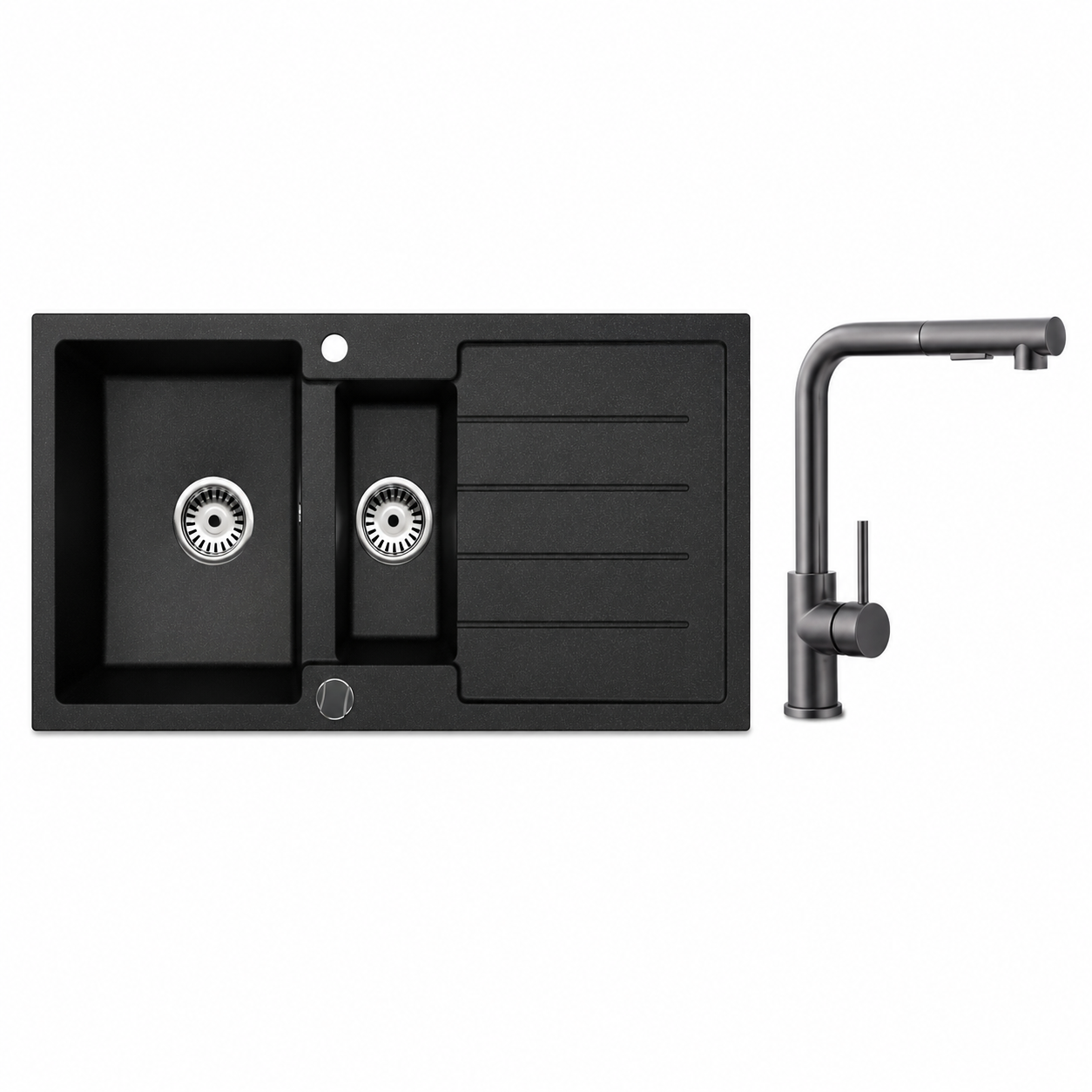 Faizee Home Granitspüle 100 × 50 cm mit 1,5 Becken – inkl. wählbarer Armatur & Siphon-Set