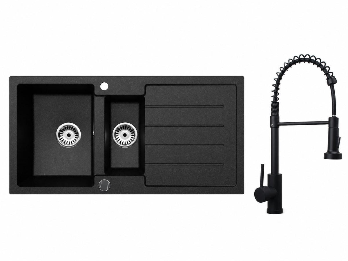 Faizee Home Granitspüle 100 × 50 cm mit 1,5 Becken – inkl. wählbarer Armatur & Siphon-Set
