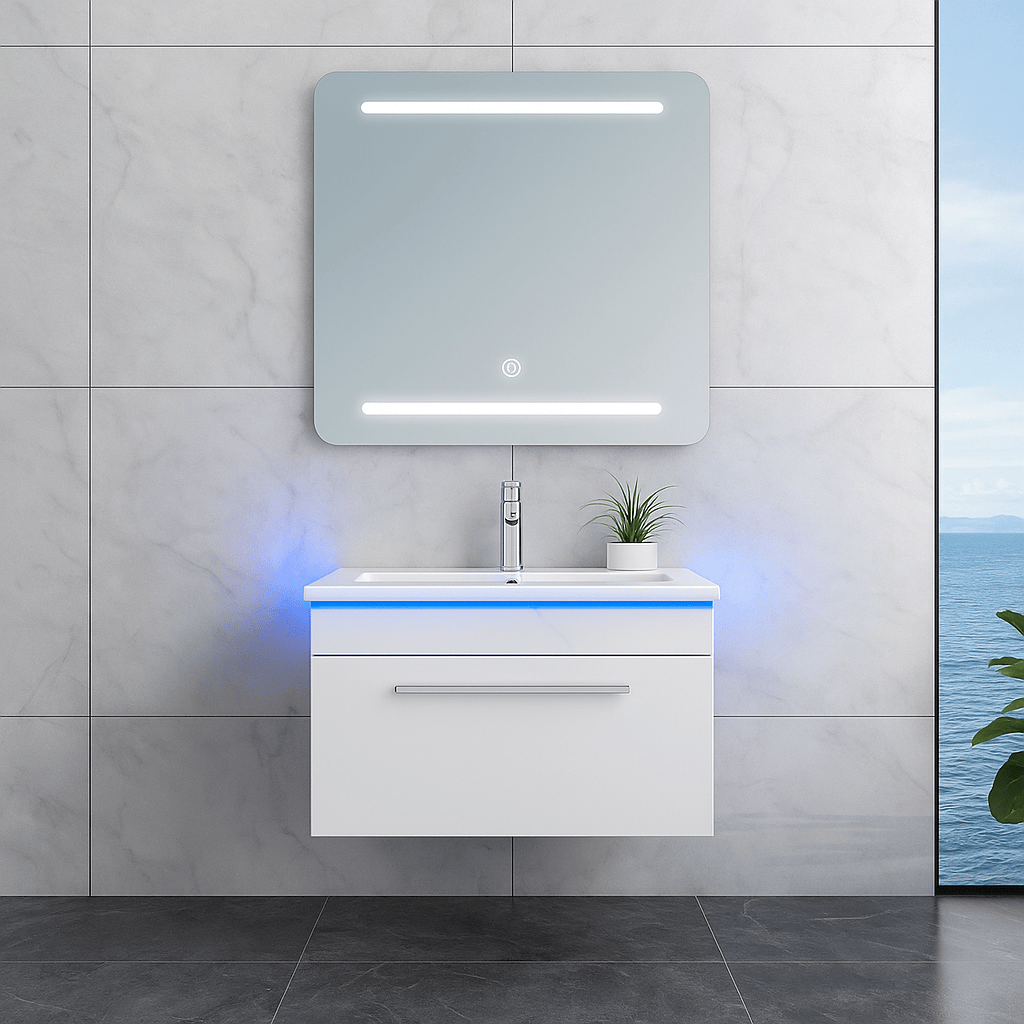Faizee Home Badmöbelset 60 cm Hochglanz inkl. Keramik-Waschbecken, LED-Spiegel & Soft-Close