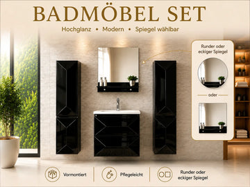 Miran Badmöbel-Set 60 cm Schwarz Hochglanz – Spiegel & Seitenschränke wählbar