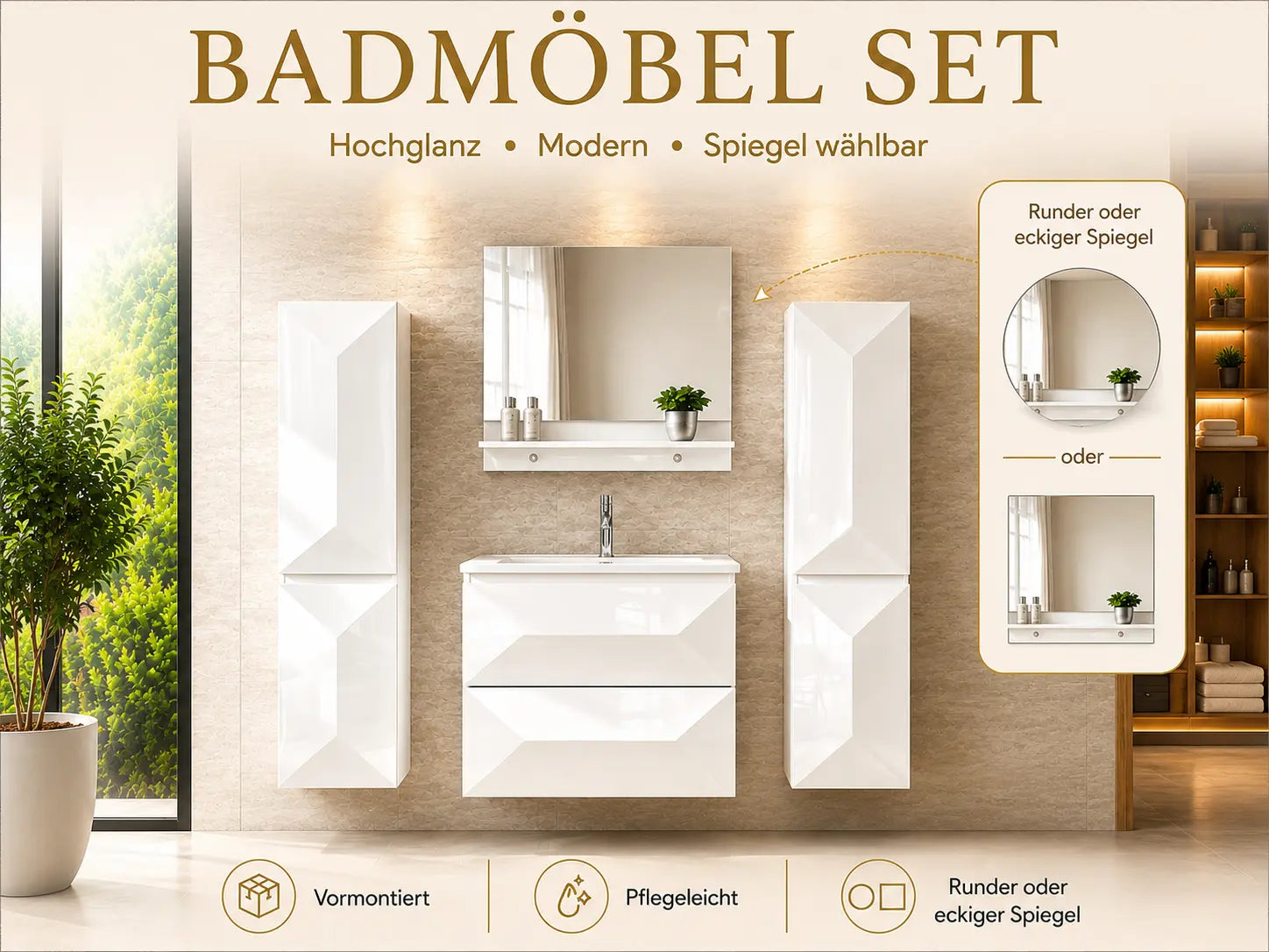 Miran Badmöbel-Set 60 cm Weiß – mit rundem oder eckigem Spiegel & 0–2 Seitenschränken