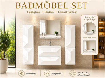 Miran Badmöbel-Set 60 cm Weiß – mit rundem oder eckigem Spiegel & 0–2 Seitenschränken