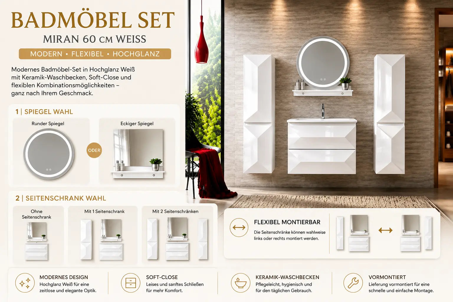 Miran Badmöbel-Set 60 cm Weiß – mit rundem oder eckigem Spiegel & 0–2 Seitenschränken
