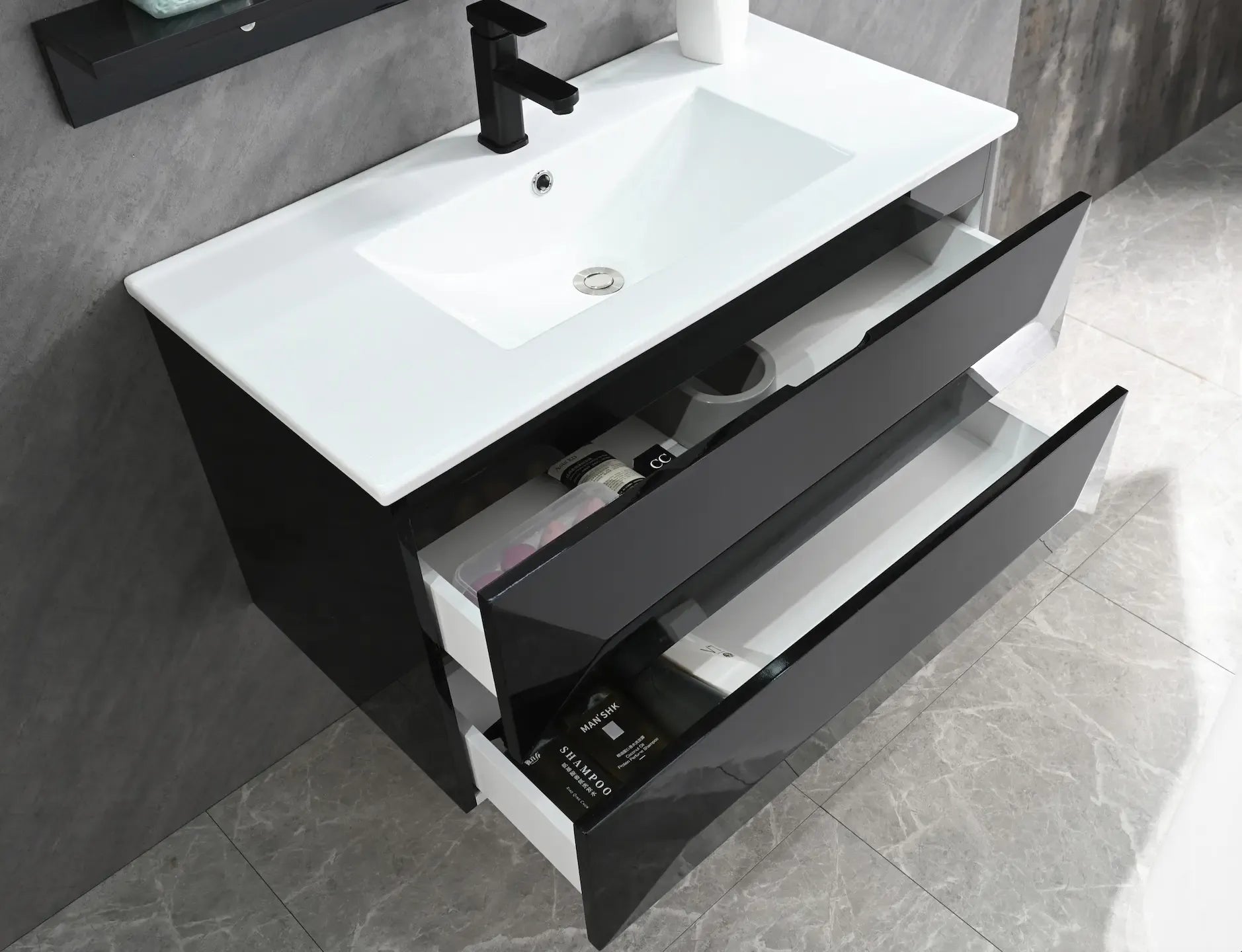 Faizee Home Badmöbel-Set 90 cm Schwarz inkl. Keramik-Waschbecken, Spiegel & wählbaren Seitenschränken