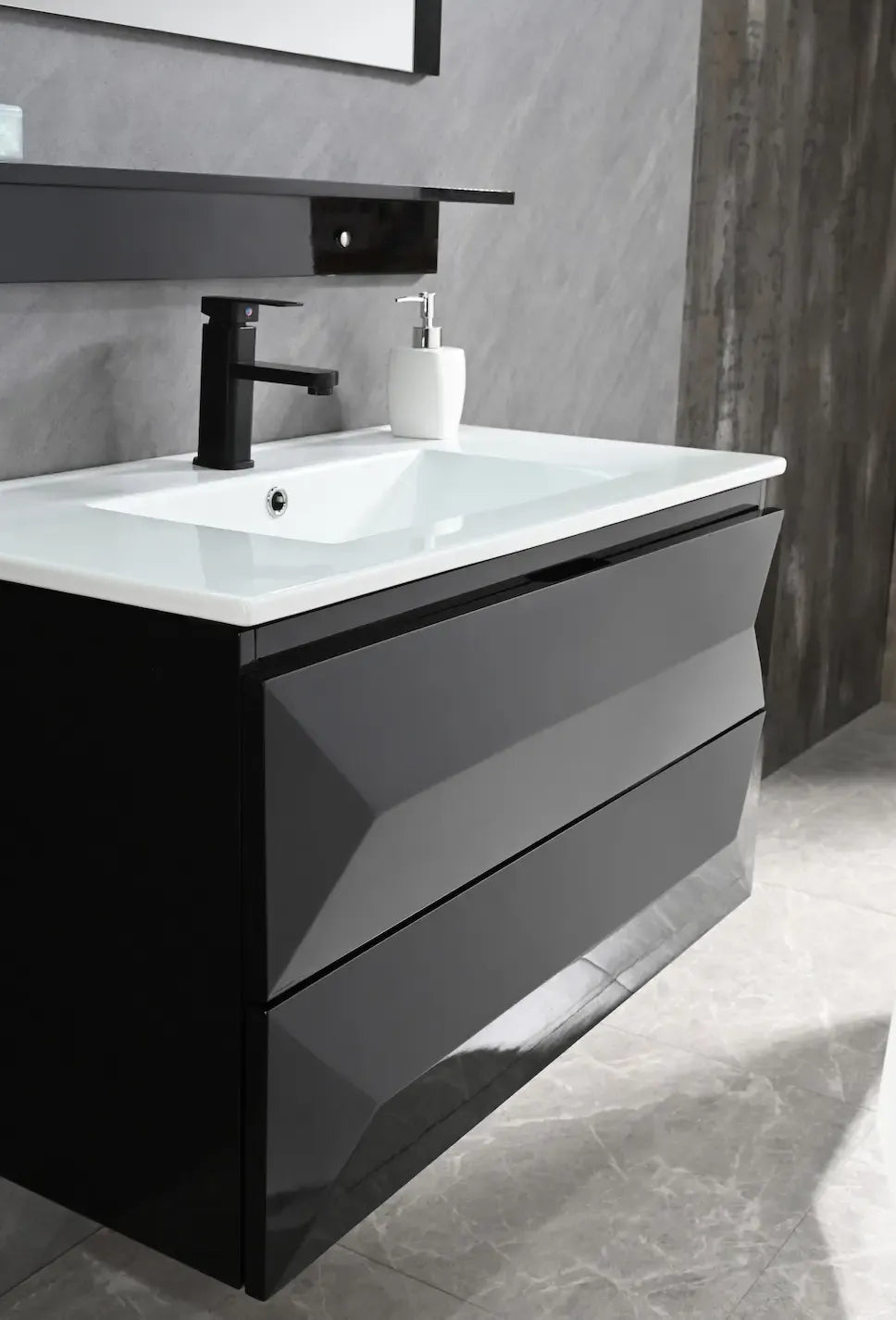 Faizee Home Badmöbel-Set 90 cm Schwarz inkl. Keramik-Waschbecken, Spiegel & wählbaren Seitenschränken