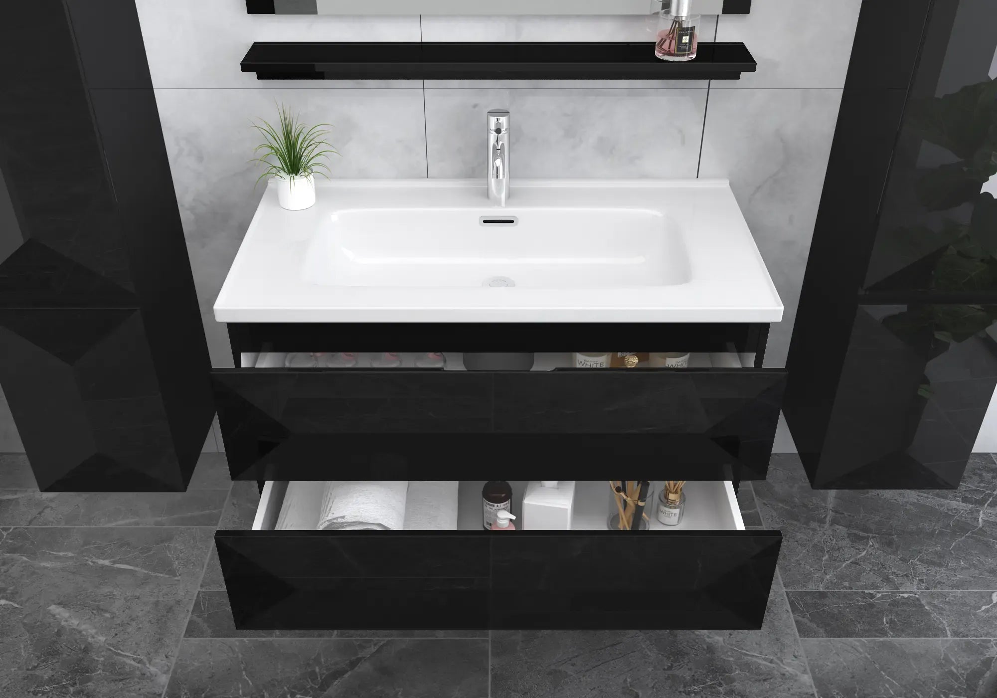 Faizee Home Badmöbel-Set 90 cm Schwarz inkl. Keramik-Waschbecken, Spiegel & wählbaren Seitenschränken