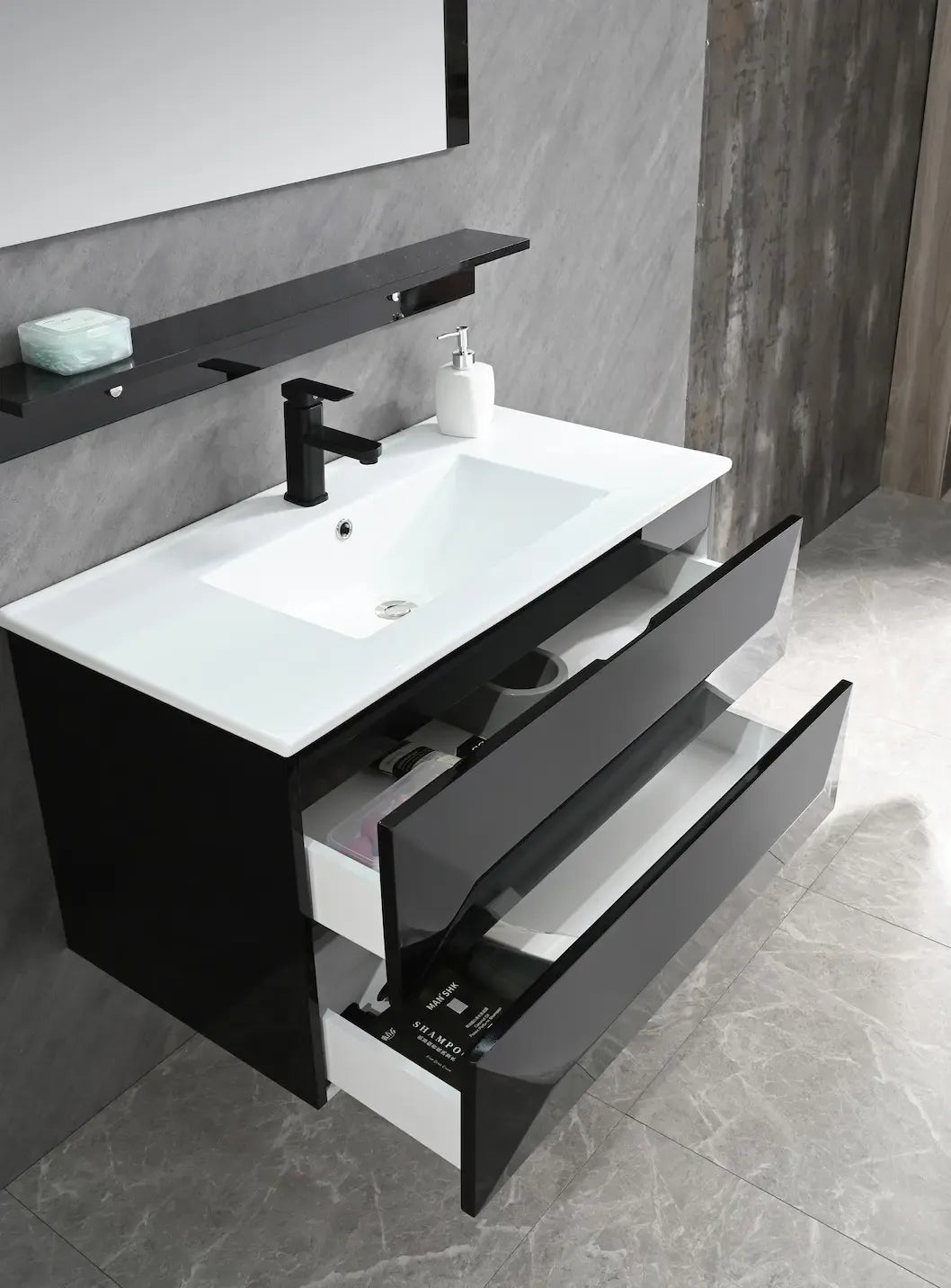 Faizee Home Badmöbel-Set 90 cm Schwarz inkl. Keramik-Waschbecken, Spiegel & wählbaren Seitenschränken