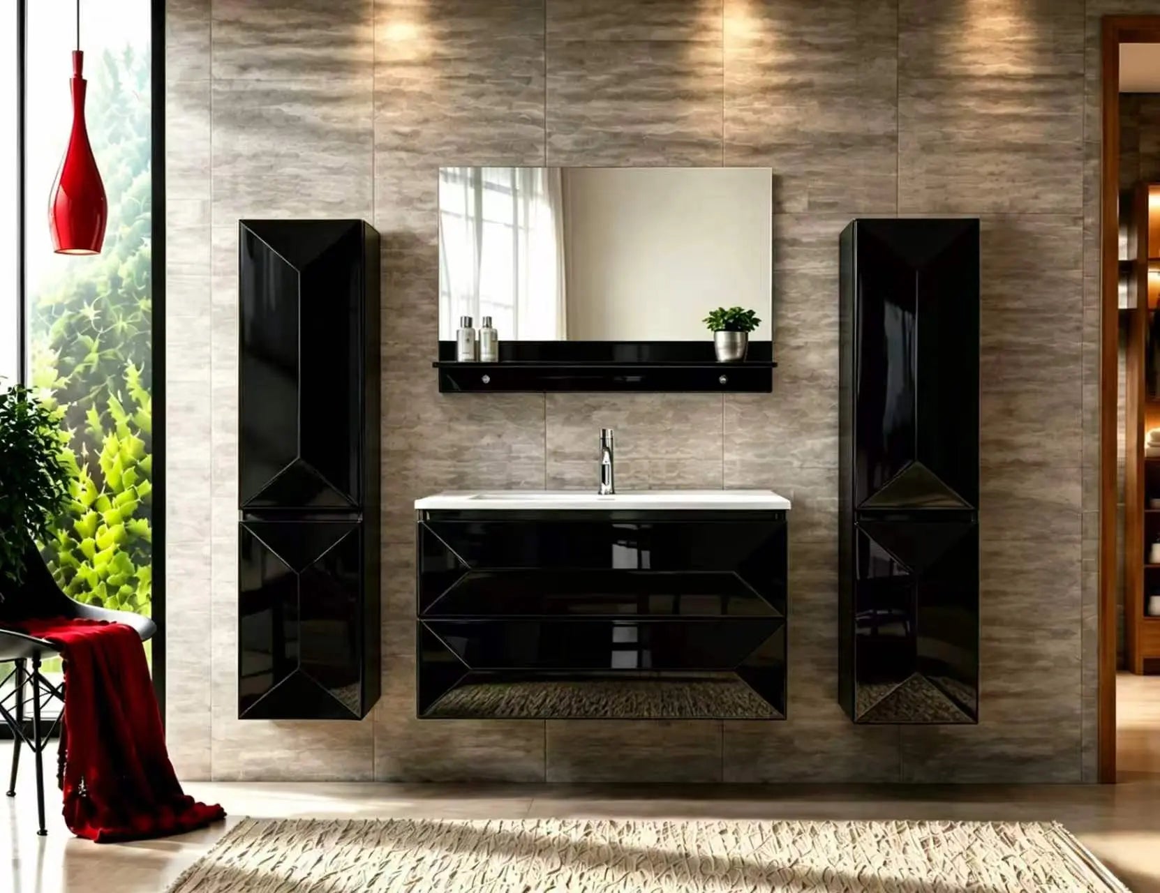 Faizee Home Badmöbel-Set 90 cm Schwarz inkl. Keramik-Waschbecken, Spiegel & wählbaren Seitenschränken