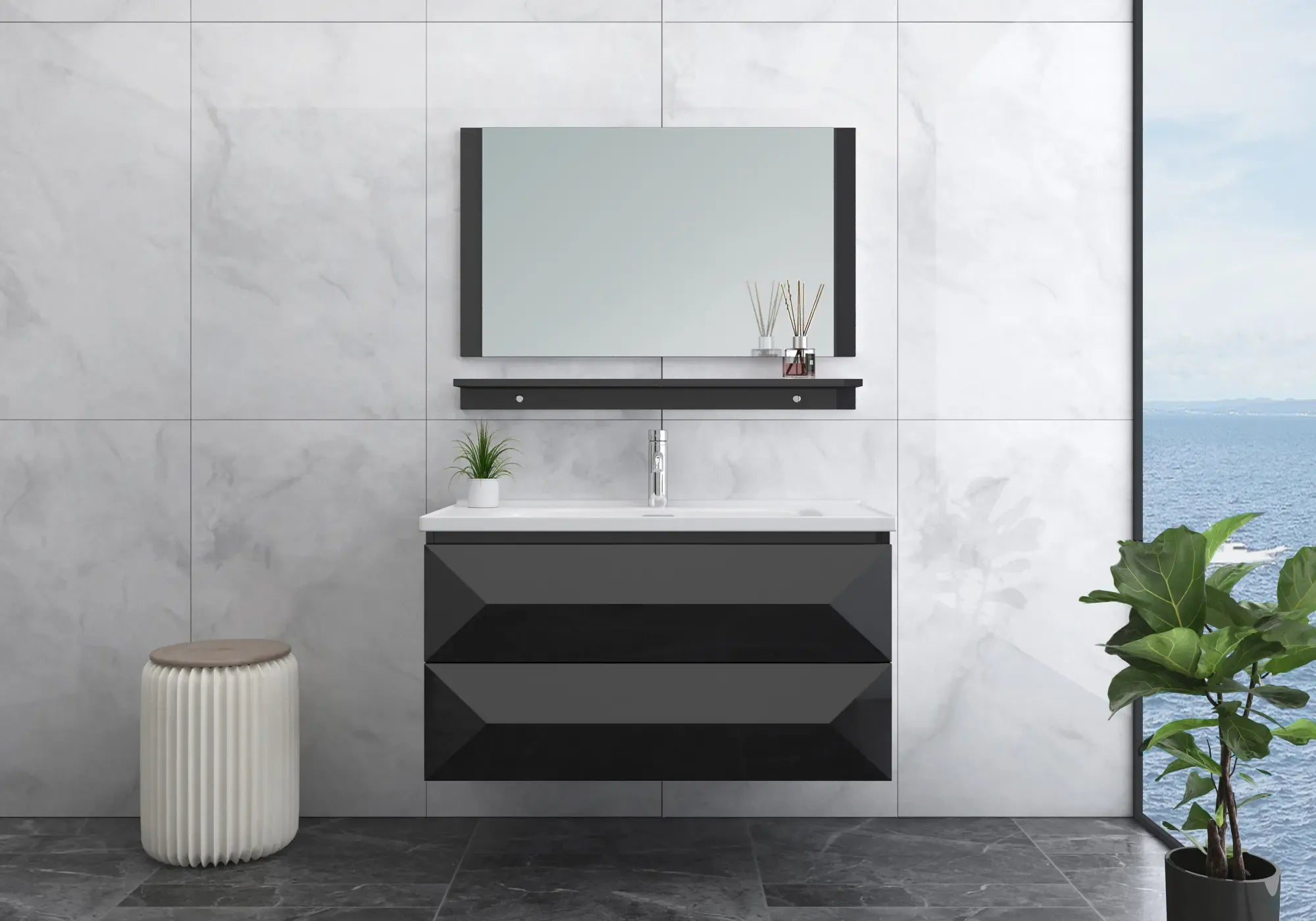 Faizee Home Badmöbel-Set 90 cm Schwarz inkl. Keramik-Waschbecken, Spiegel & wählbaren Seitenschränken