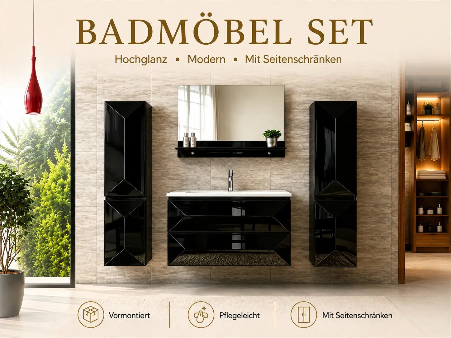 Faizee Home Badmöbel-Set 90 cm Schwarz inkl. Keramik-Waschbecken, Spiegel & wählbaren Seitenschränken