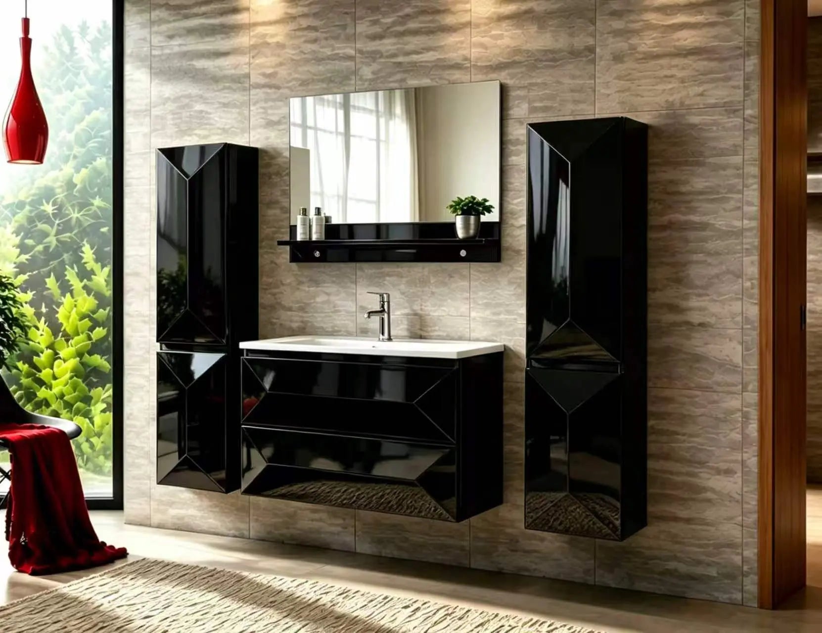 Faizee Home Badmöbel-Set 90 cm Schwarz inkl. Keramik-Waschbecken, Spiegel & wählbaren Seitenschränken