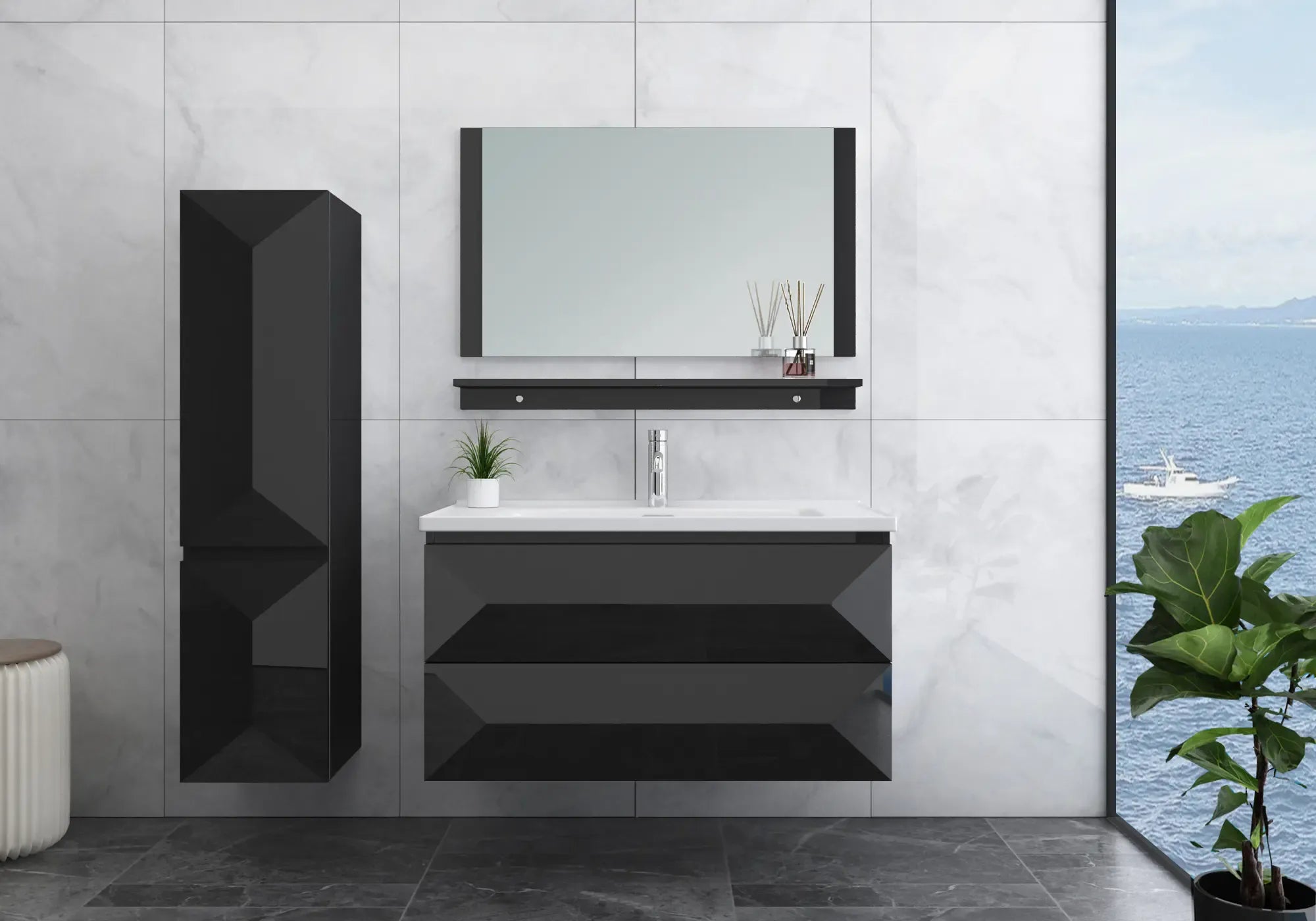Faizee Home Badmöbel-Set 90 cm Schwarz inkl. Keramik-Waschbecken, Spiegel & wählbaren Seitenschränken
