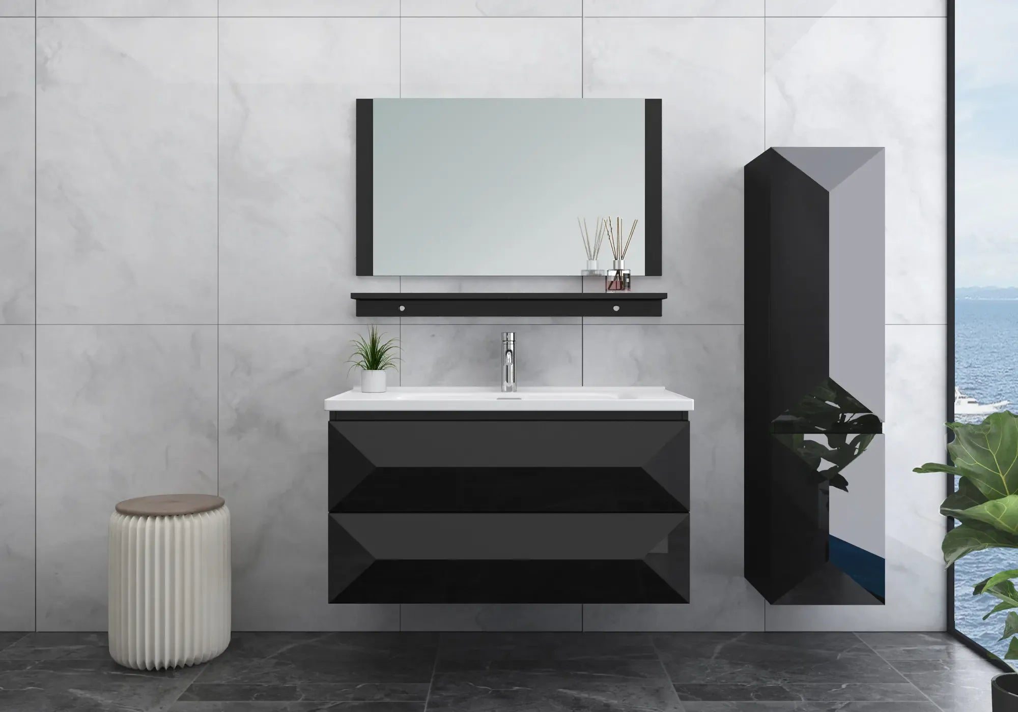 Faizee Home Badmöbel-Set 90 cm Schwarz inkl. Keramik-Waschbecken, Spiegel & wählbaren Seitenschränken