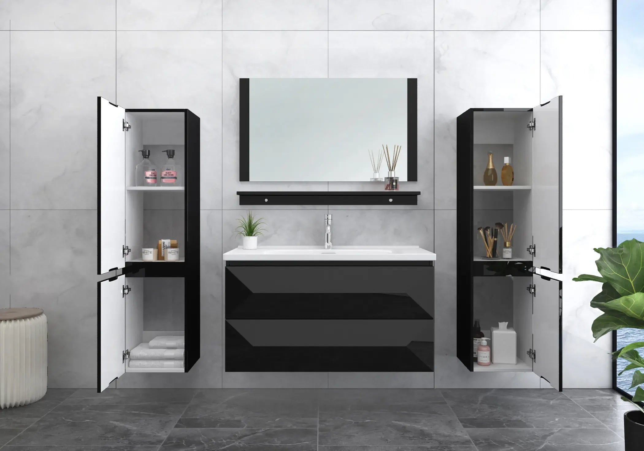 Faizee Home Badmöbel-Set 90 cm Schwarz inkl. Keramik-Waschbecken, Spiegel & wählbaren Seitenschränken