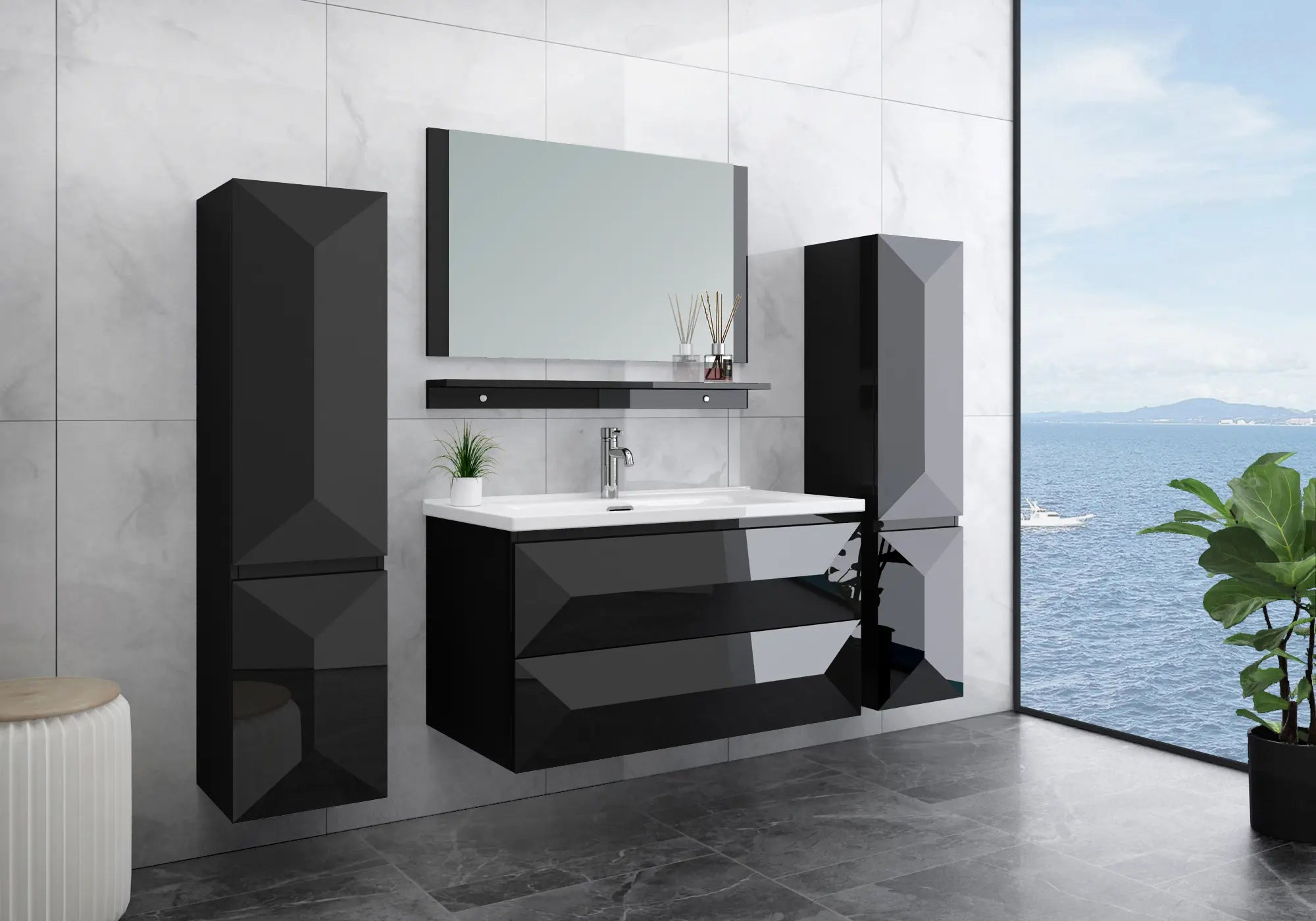 Faizee Home Badmöbel-Set 90 cm Schwarz inkl. Keramik-Waschbecken, Spiegel & wählbaren Seitenschränken