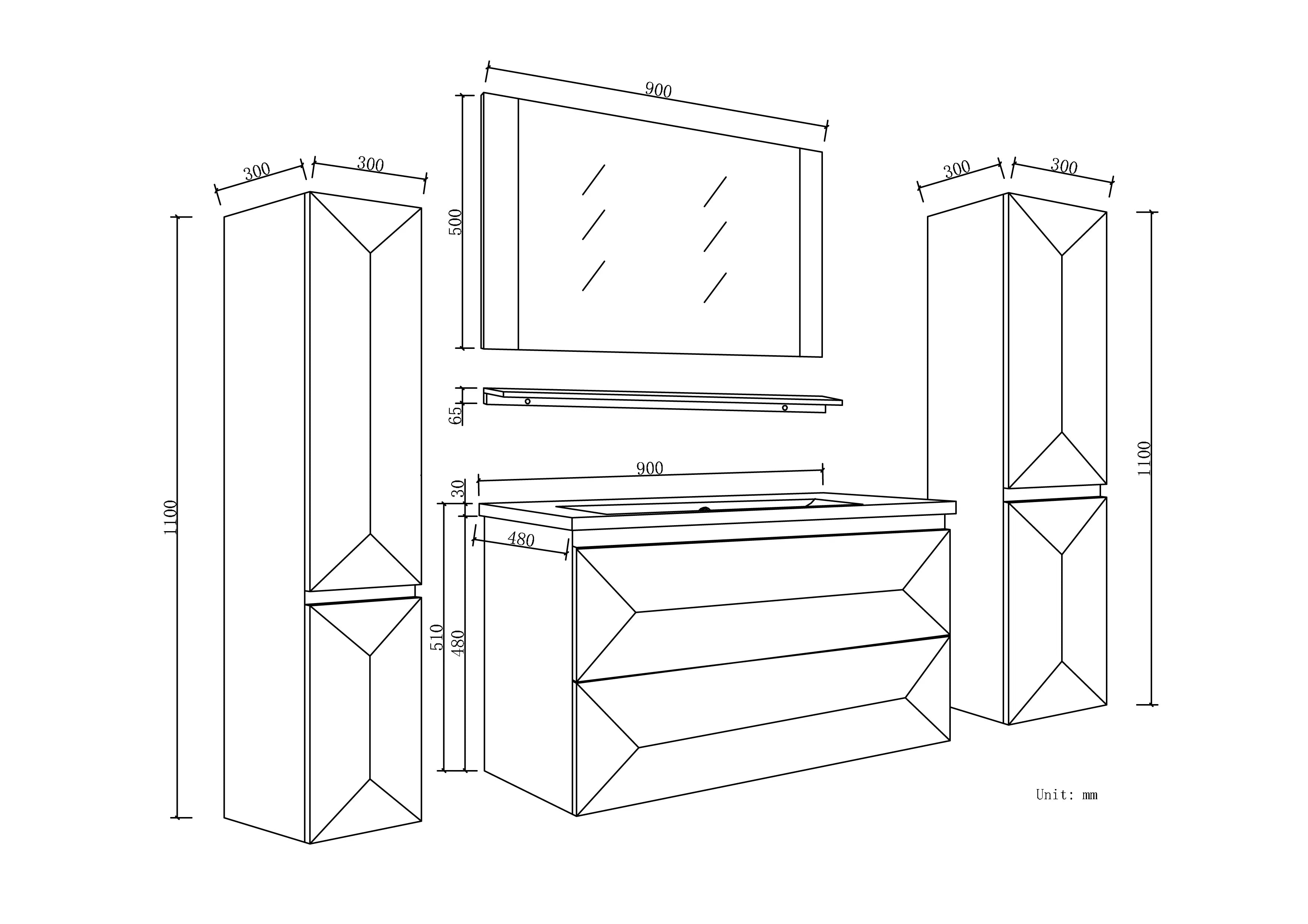Faizee Home Badmöbel-Set 90 cm Schwarz inkl. Keramik-Waschbecken, Spiegel & wählbaren Seitenschränken
